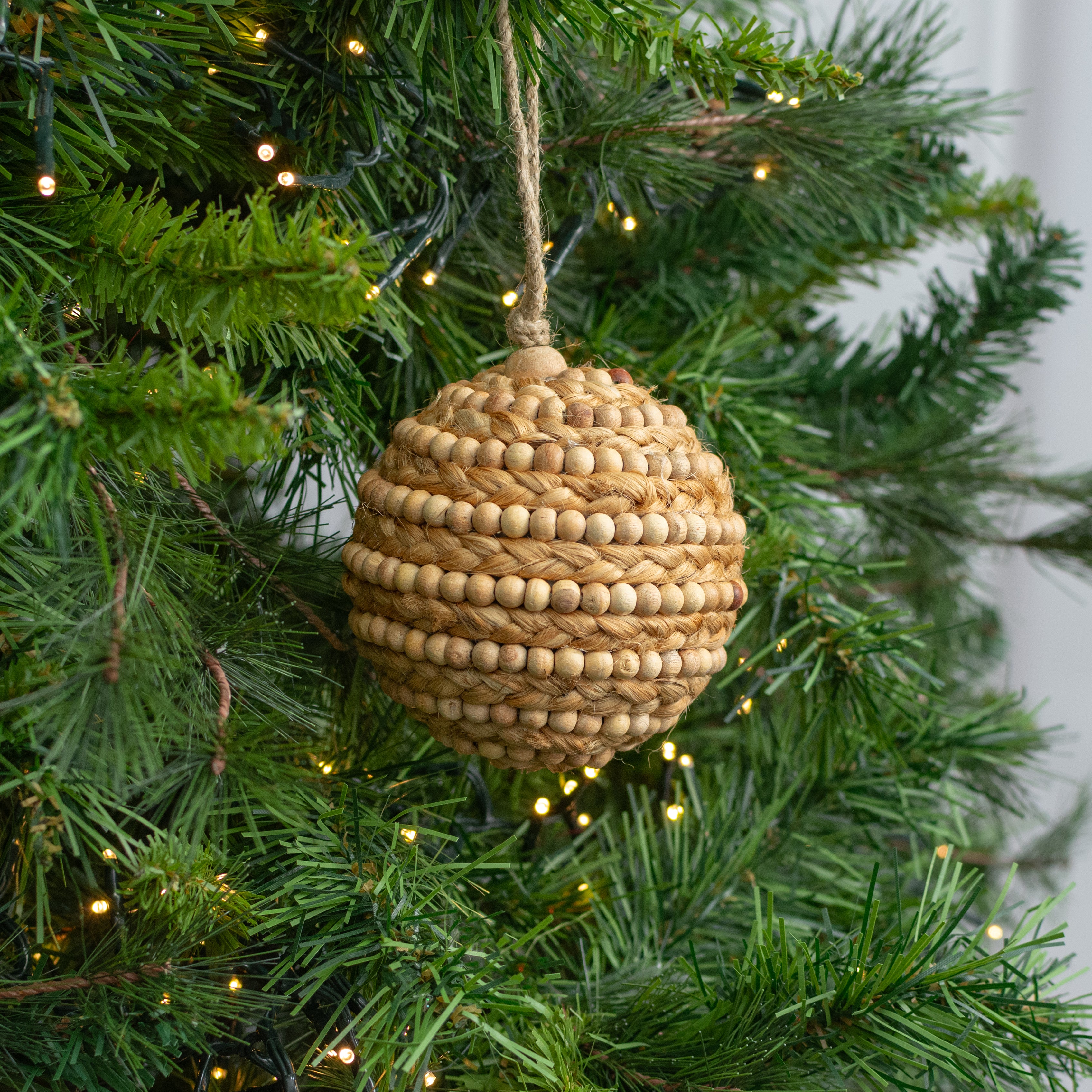 4" Wooden Bead & Jute Rope Ball Ornament Lifestyle Photo