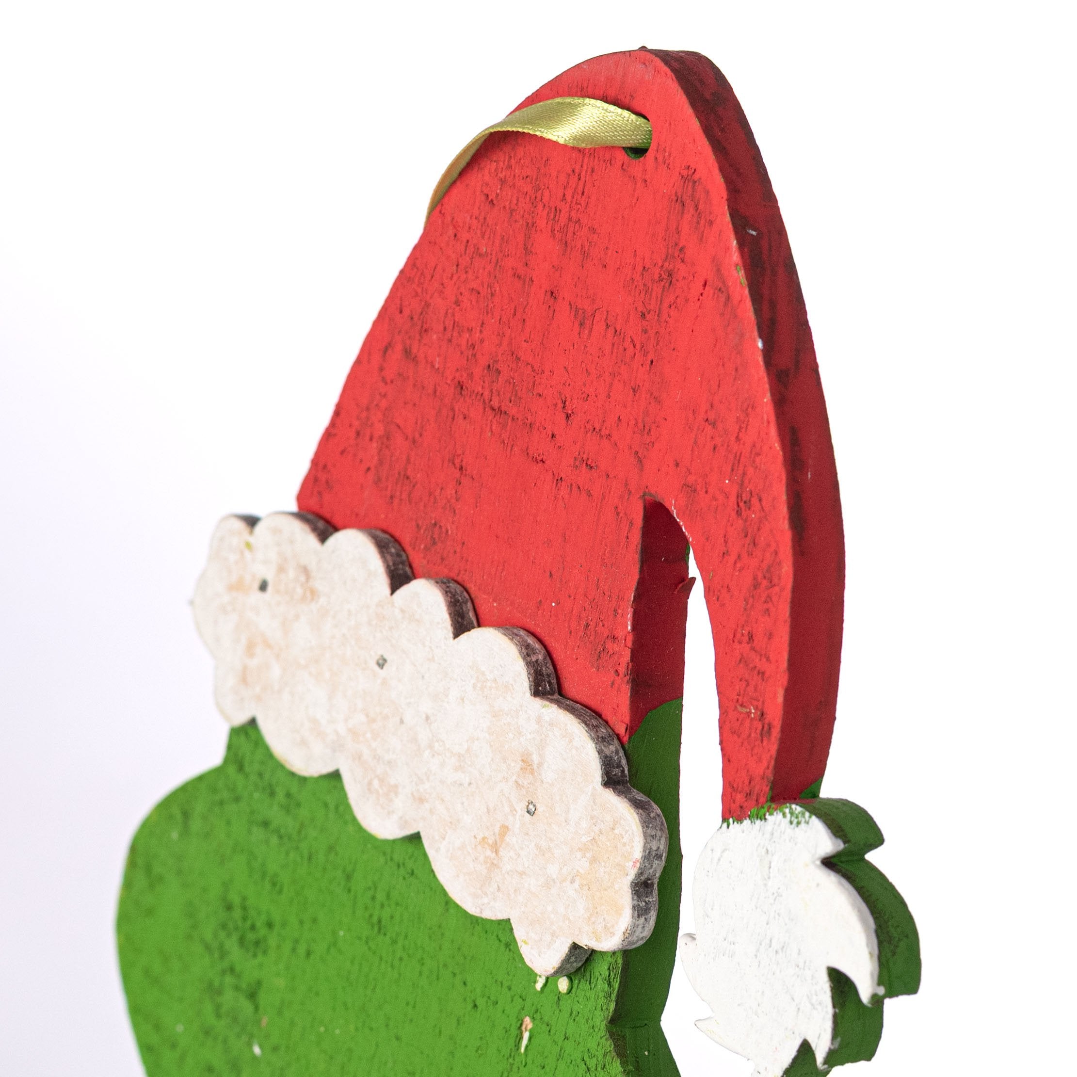 8" Wooden Holiday Green Monster Head Ornament detail photo 3