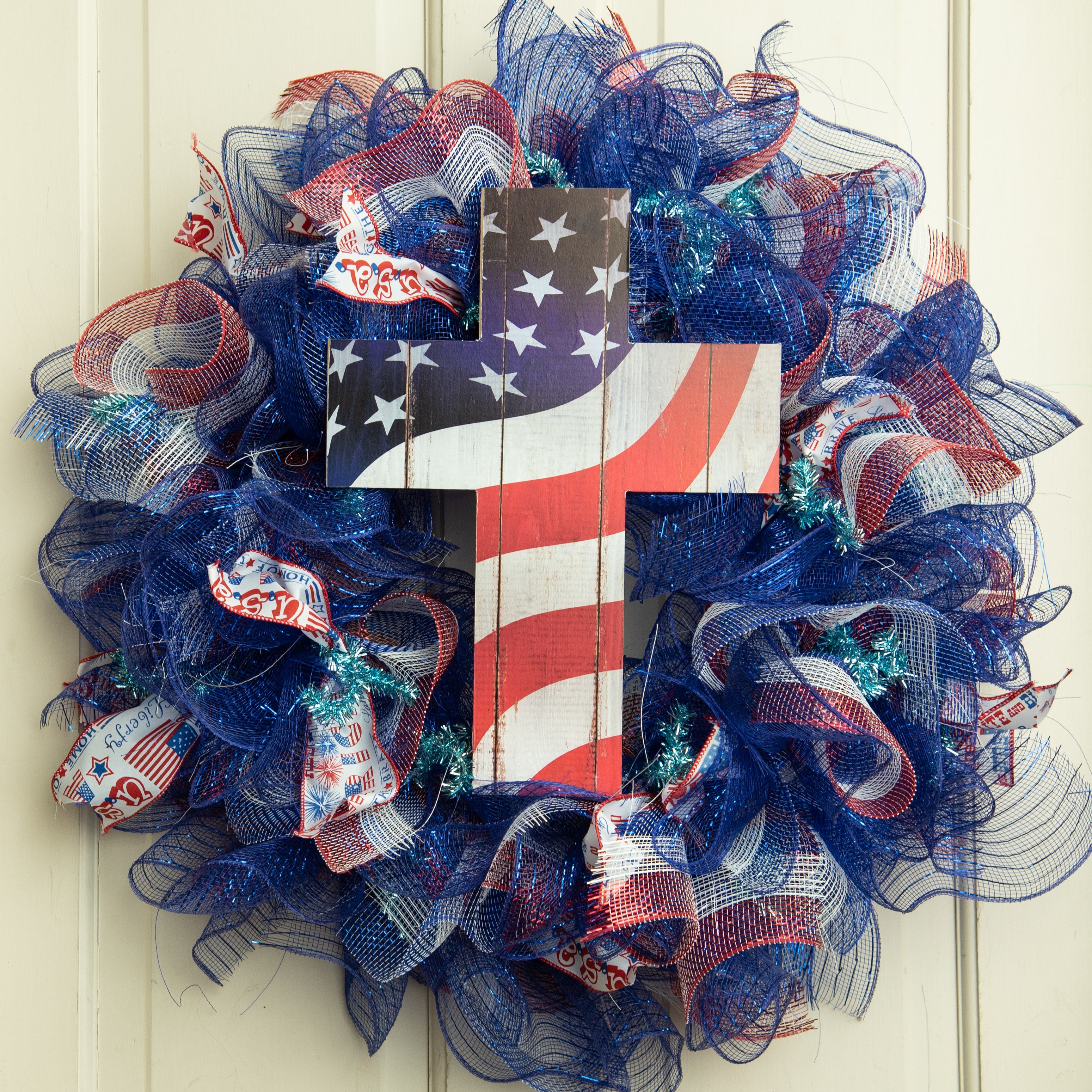 14" Wooden Sign: American Flag Cross Lifestyle Photo
