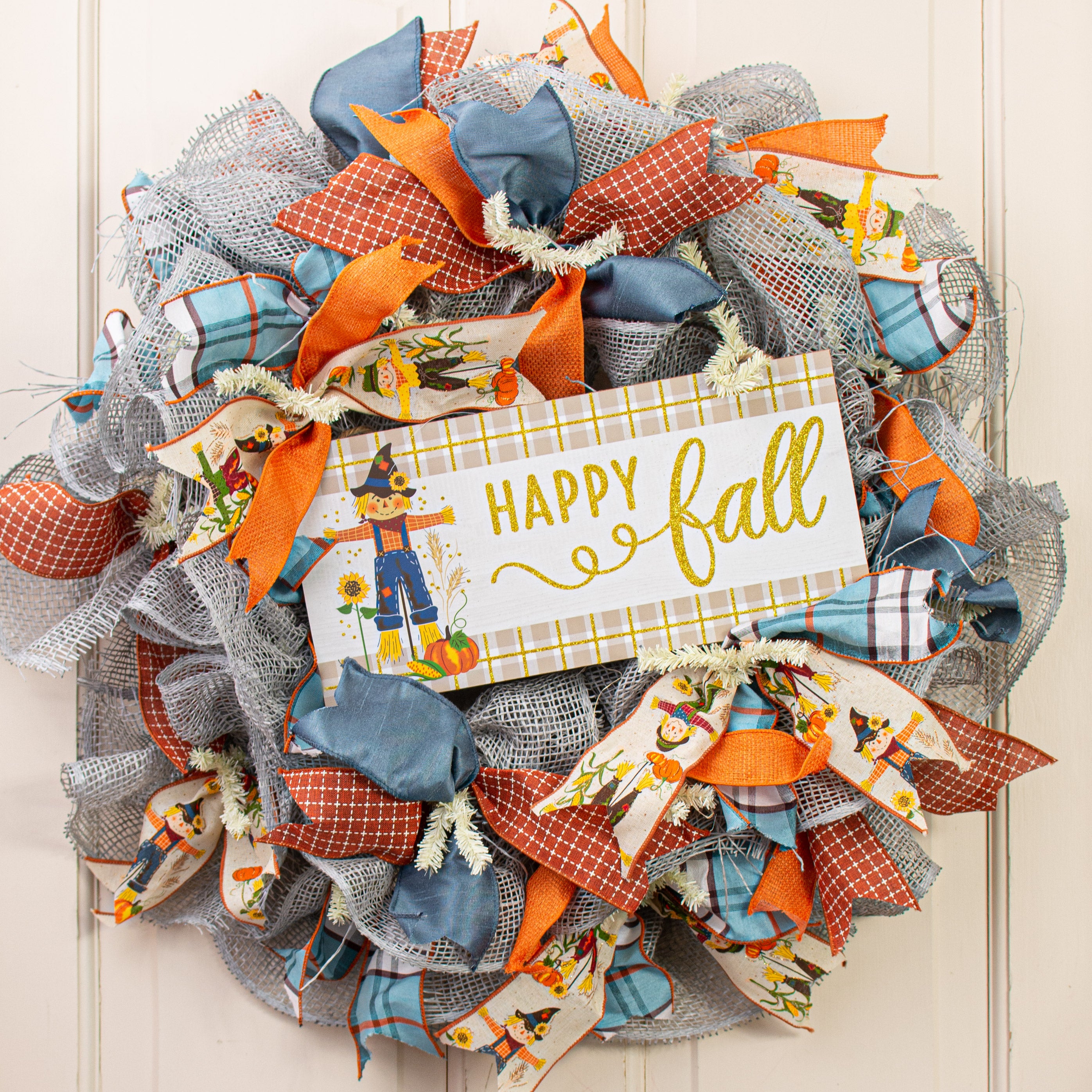 12" Wooden Sign: Fall Scarecrow Gold Glitter Plaid Lifestyle Photo