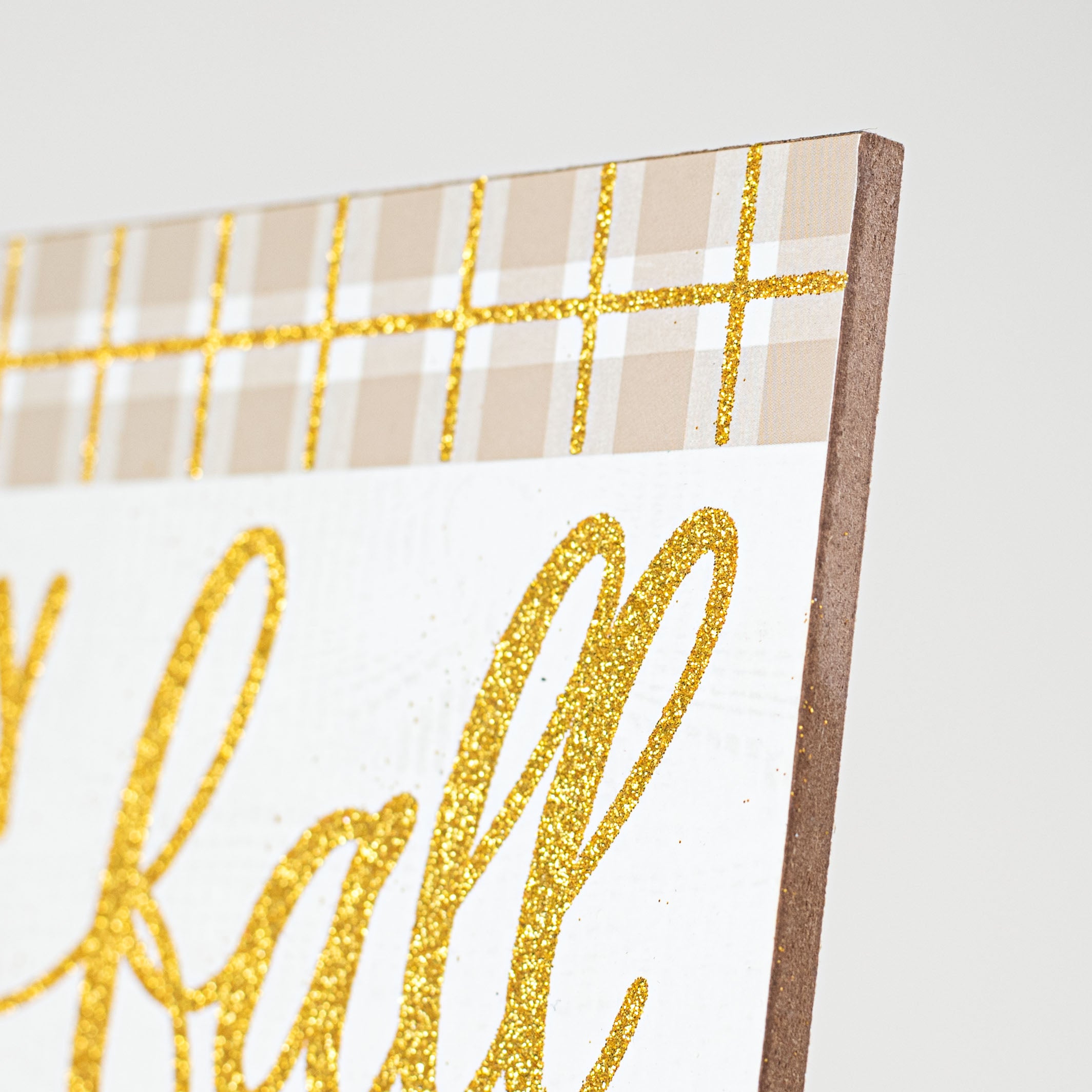 12" Wooden Sign: Fall Scarecrow Gold Glitter Plaid detail photo 3