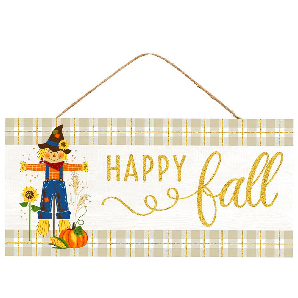 12" Wooden Sign: Fall Scarecrow Gold Glitter Plaid Item Number: AP8928