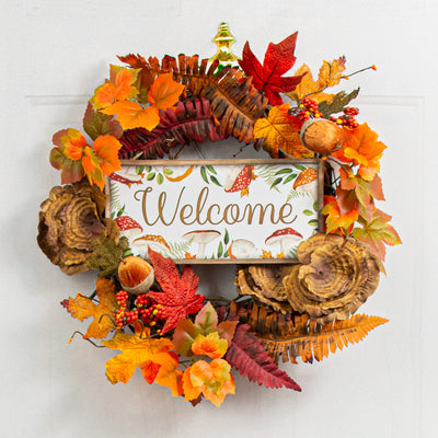 12" Wooden Sign: Framed Welcome Mushrooms Lifestyle Photo