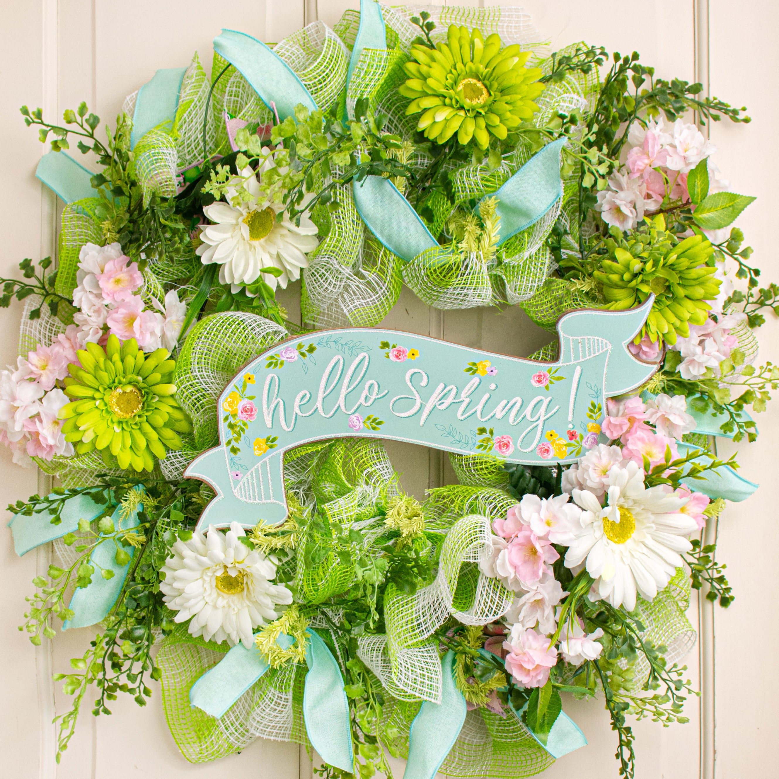 15" Wooden Sign: Hello Spring Banner Lifestyle Photo