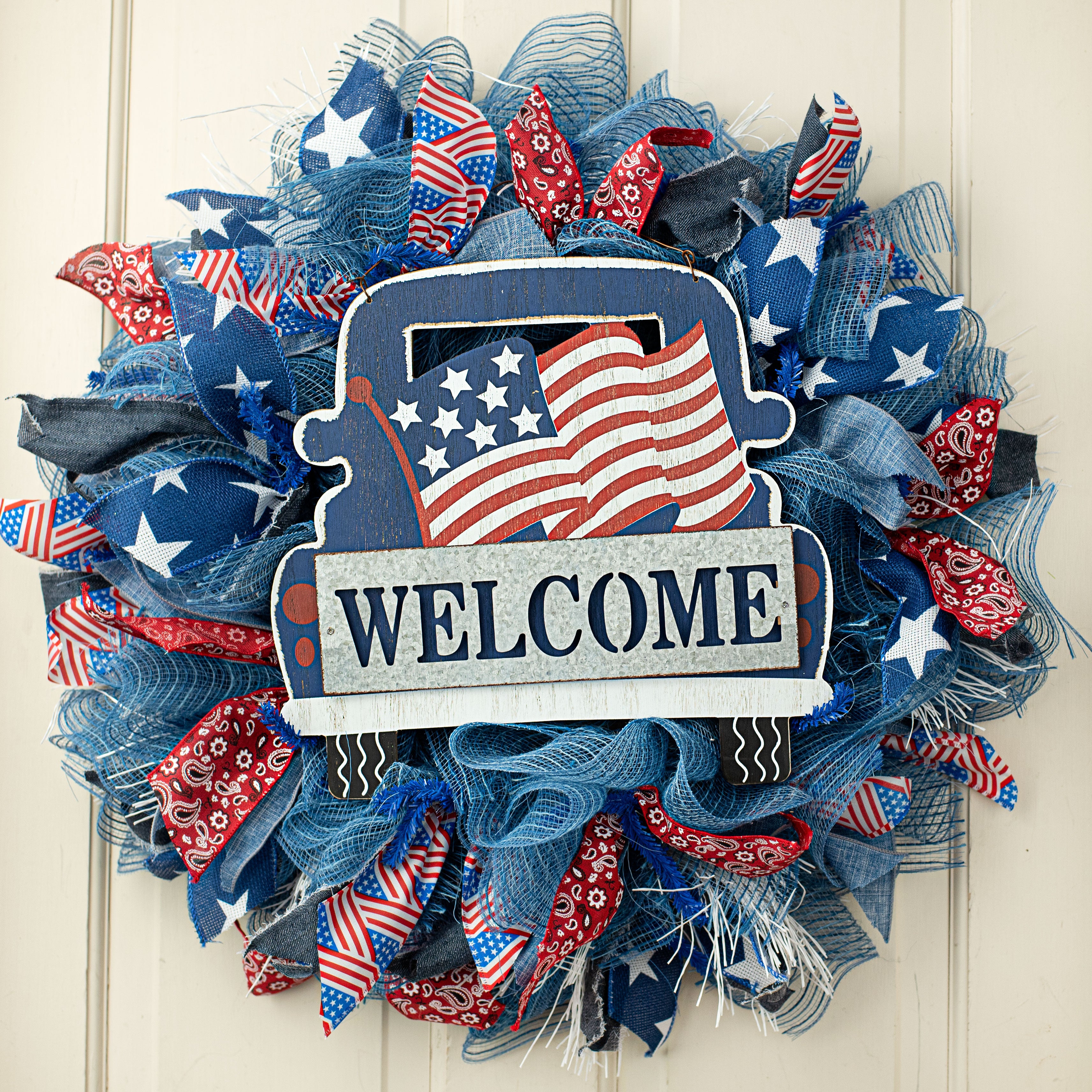 13" Wooden Sign: Welcome Flag On Truck Lifestyle Photo