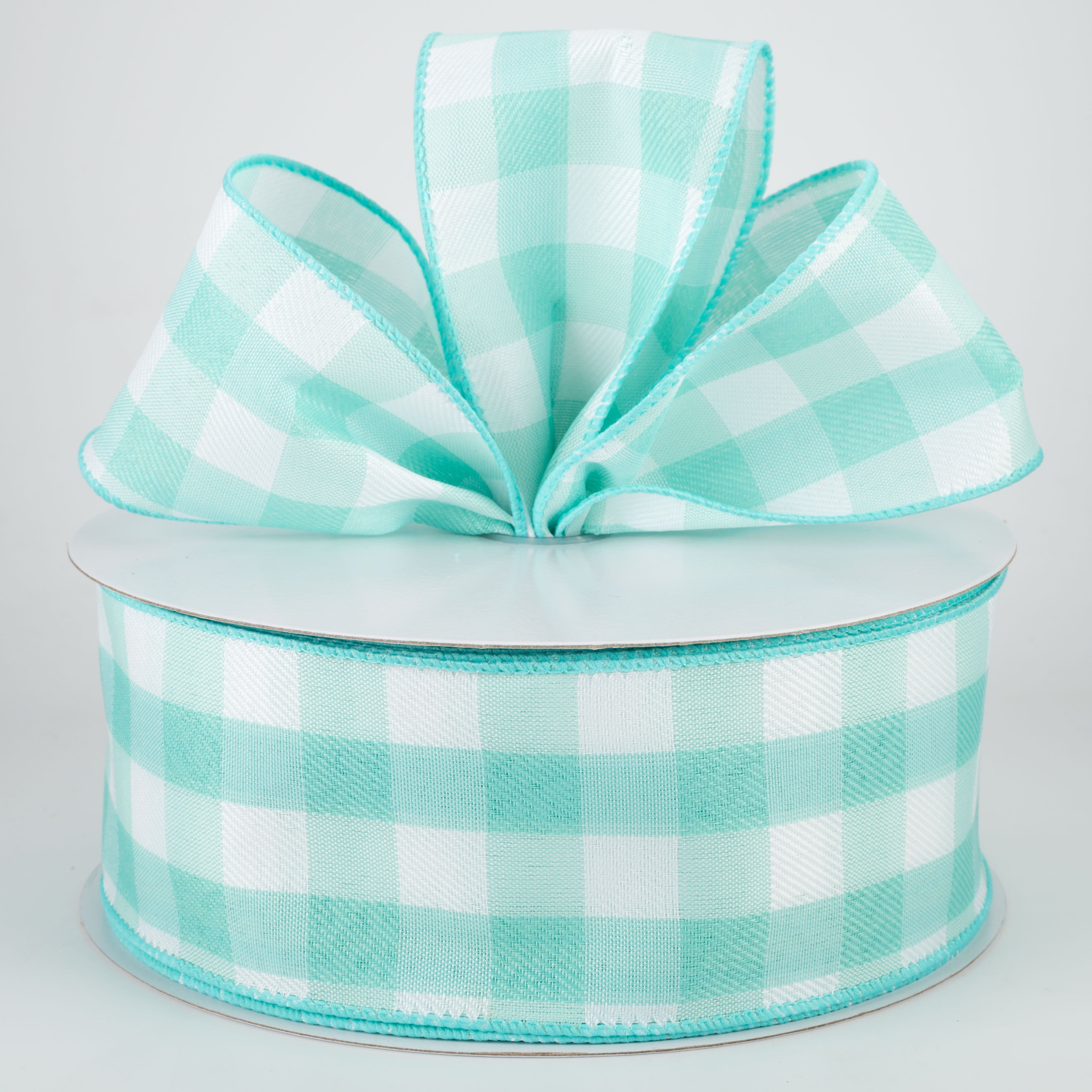 2.5" Woven Buffalo Plaid Ribbon: Aqua & White (50 Yards) Lifestyle Photo