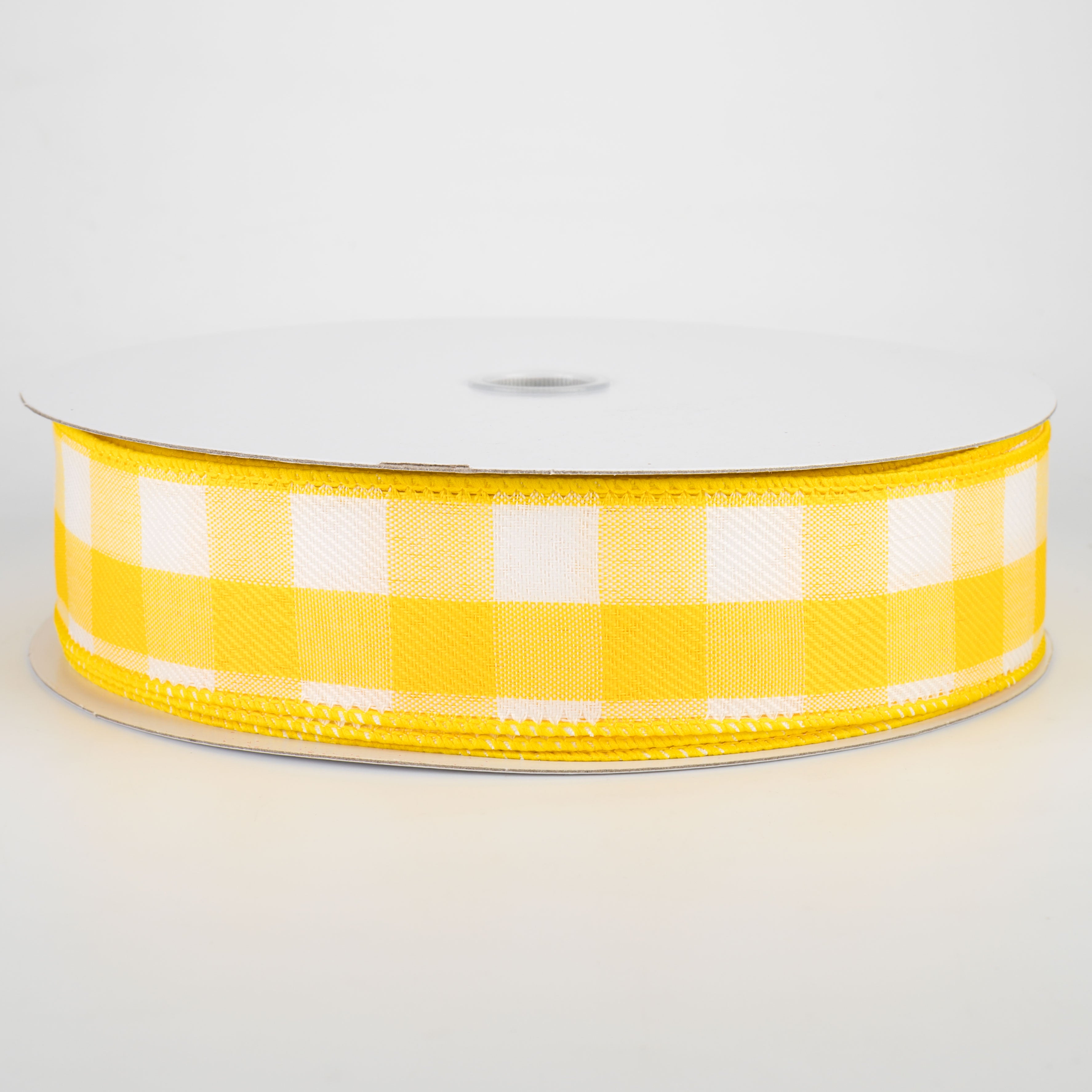 1.5" Woven Buffalo Plaid Ribbon: Daffodil Yellow & White (50 Yards)