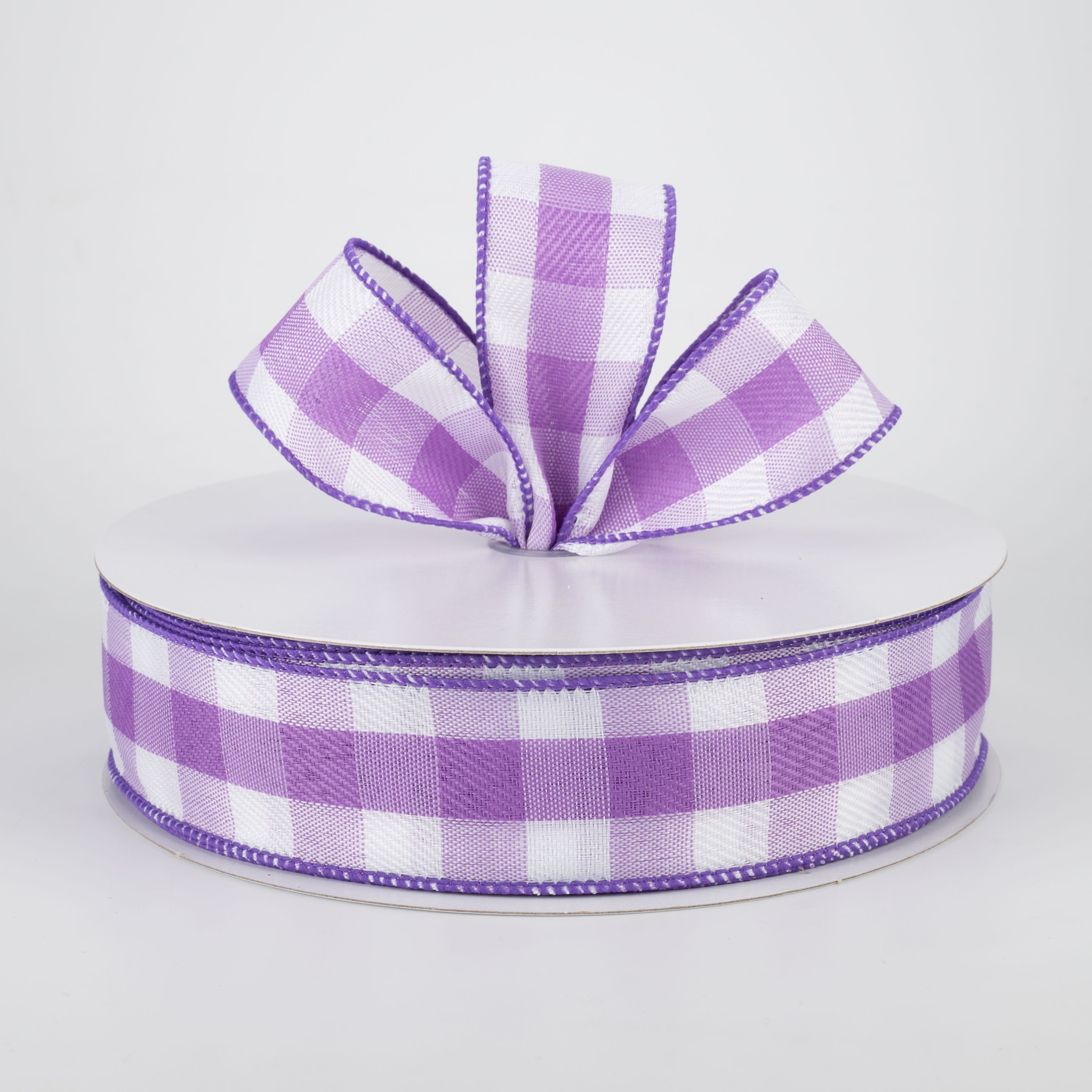 1.5" Woven Buffalo Plaid Ribbon: Purple & White (50 Yards) Lifestyle Photo