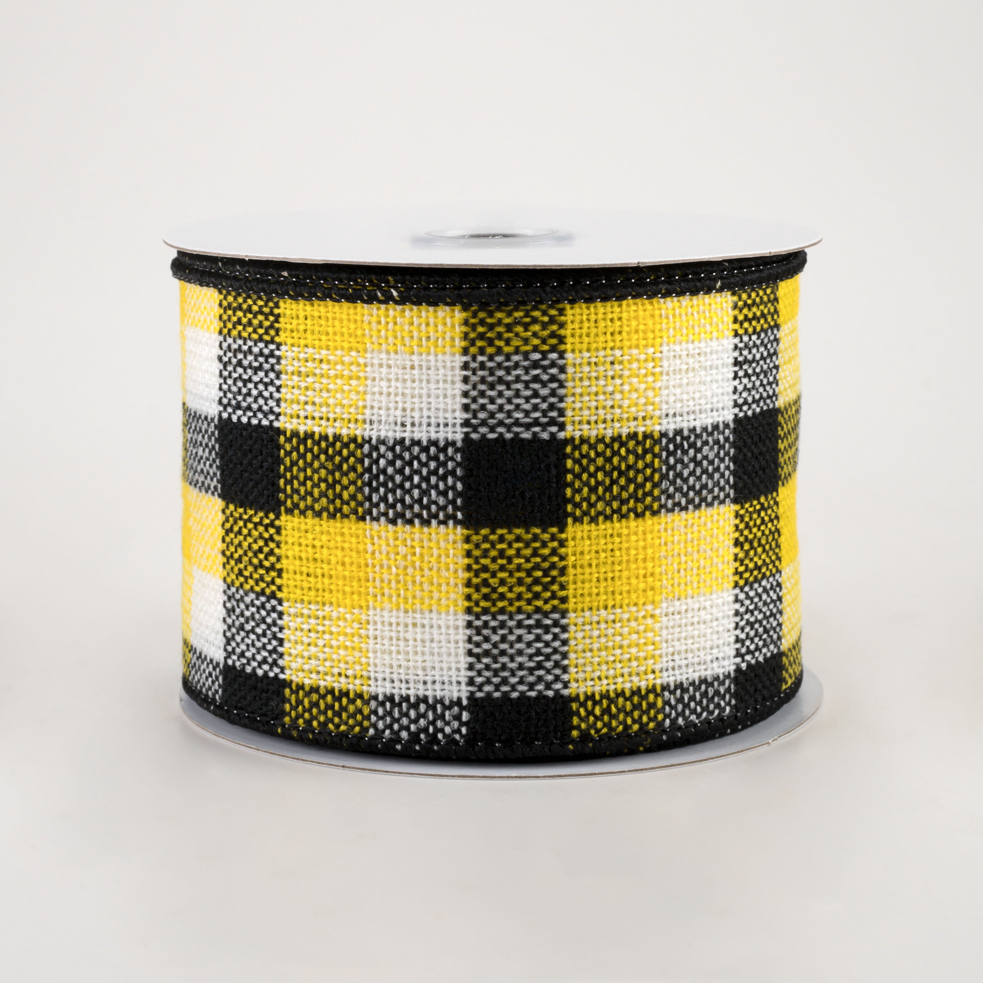 2.5" Woven Flannel Check Ribbon: Black, White, Yellow (10 Yards)