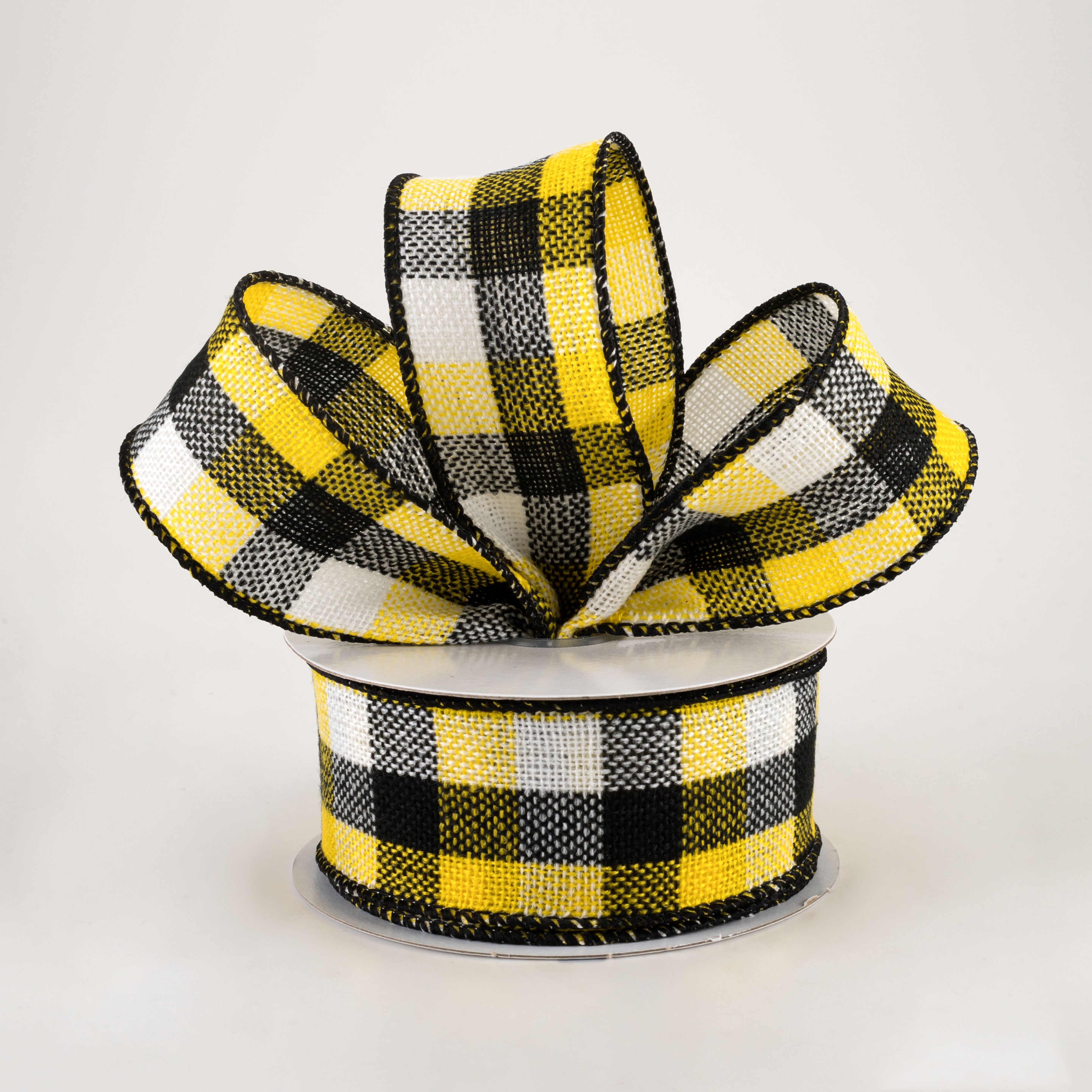 1.5" Woven Flannel Check Ribbon: Black, White, Yellow (10 Yards) Lifestyle Photo