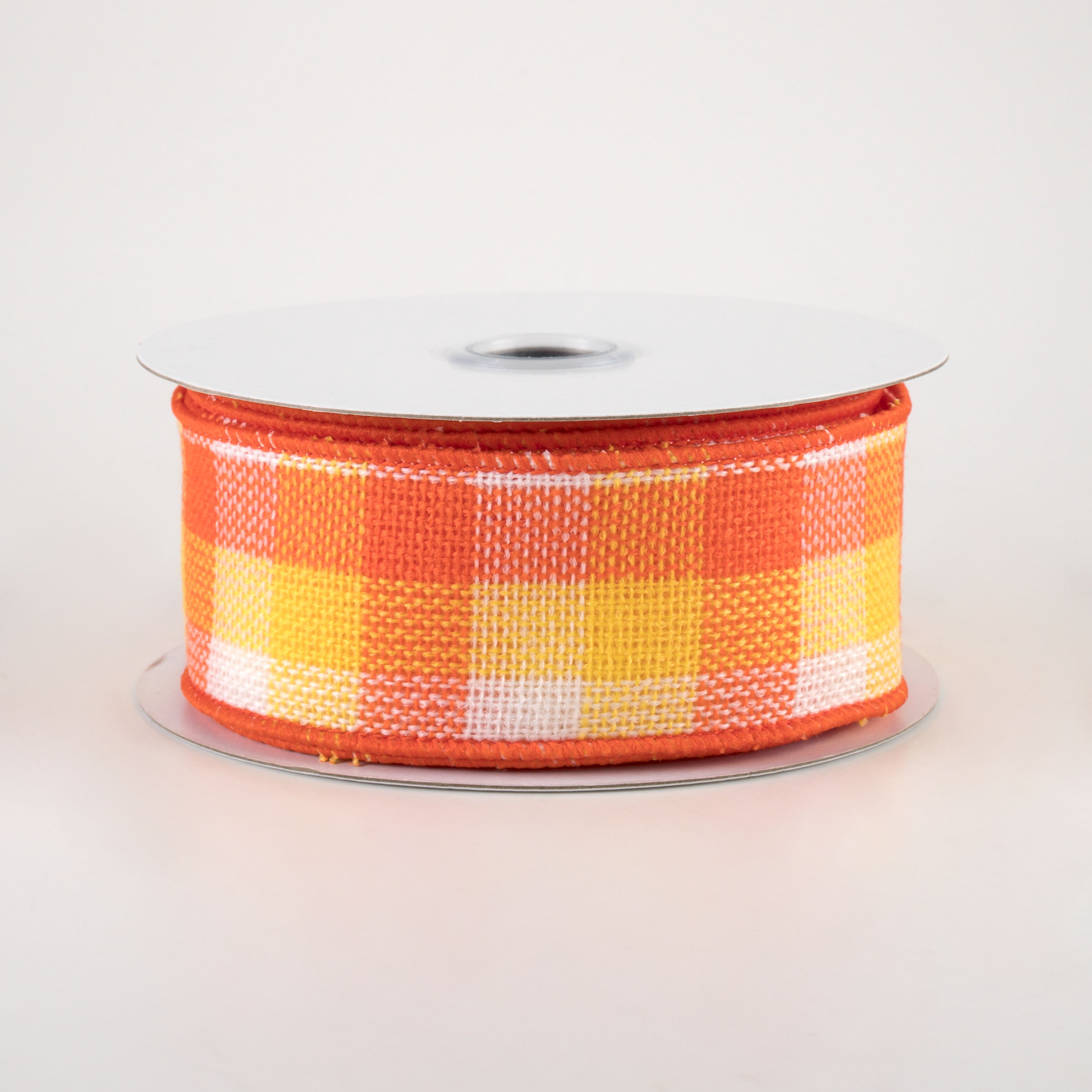 1.5" Woven Flannel Check Ribbon: Orange, Yellow, White (10 Yards)