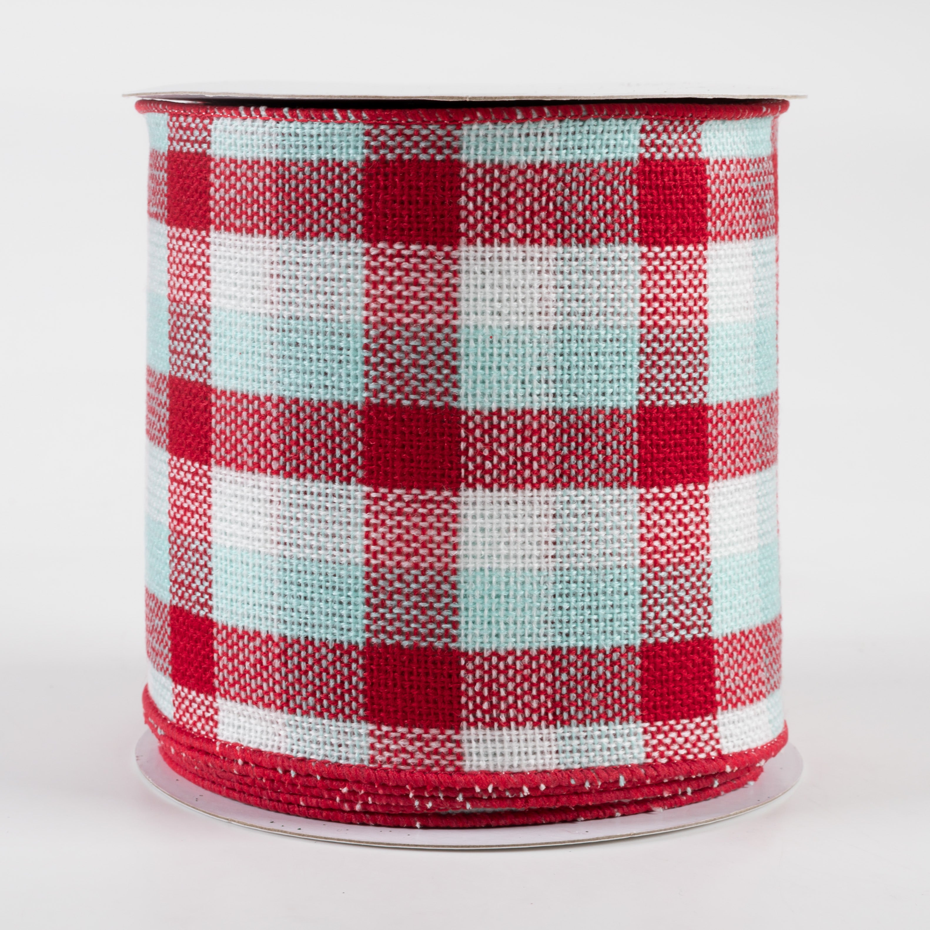 4" Woven Flannel Check Ribbon: Red, White, Ice Blue (10 Yards)