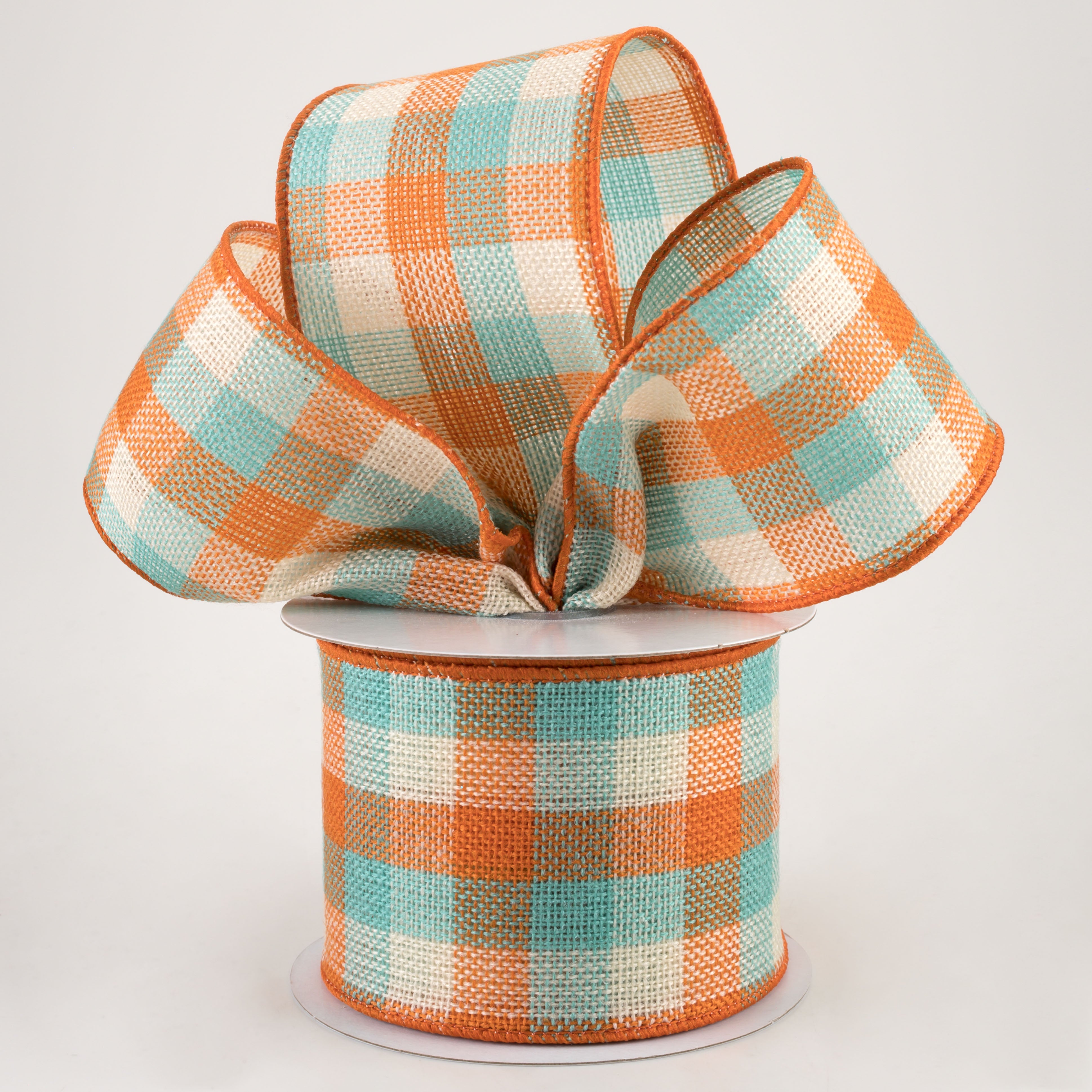 2.5" Woven Flannel Check Ribbon: Teal, Orange, Cream (10 Yards) Lifestyle Photo