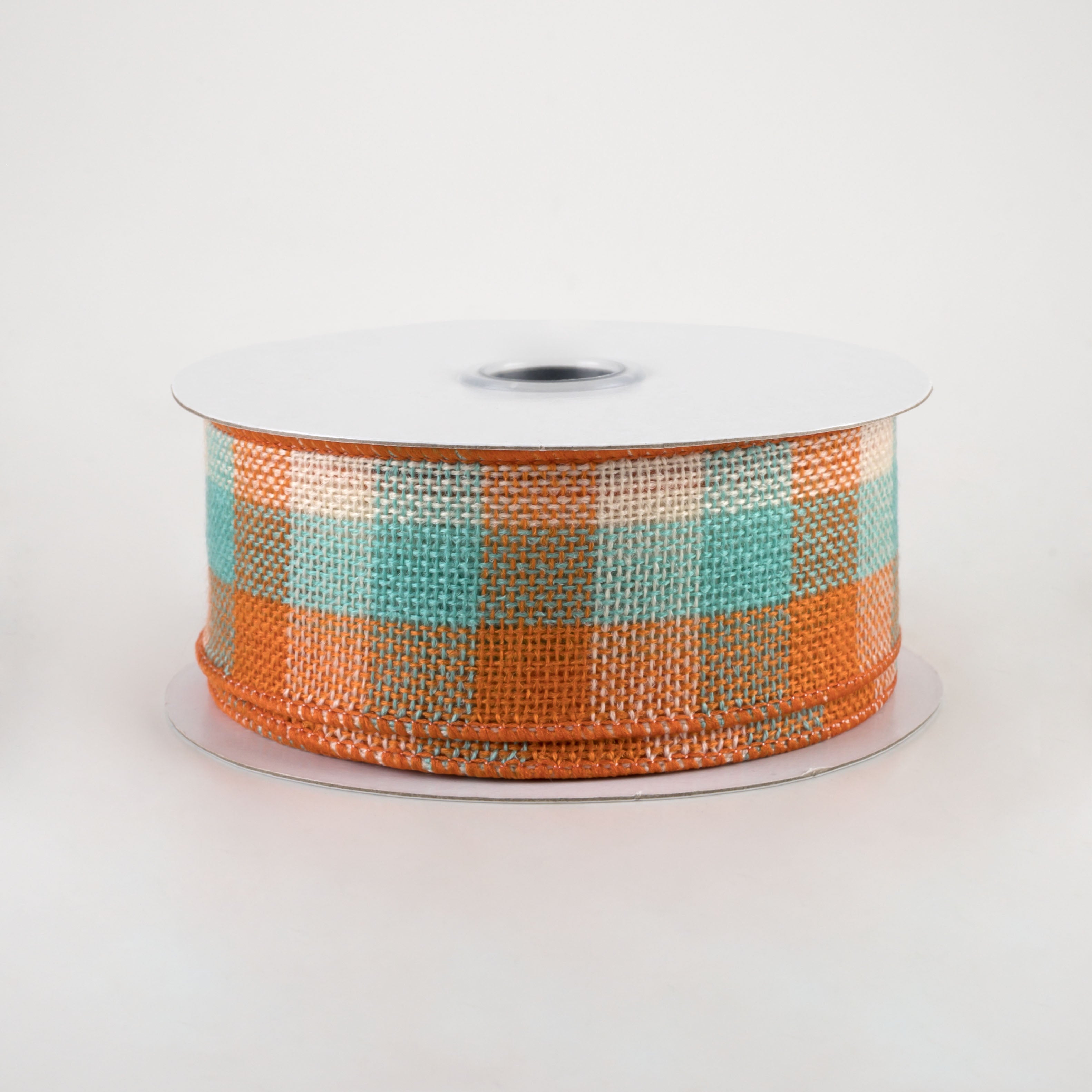 1.5" Woven Flannel Check Ribbon: Teal, Orange, Cream (10 Yards)