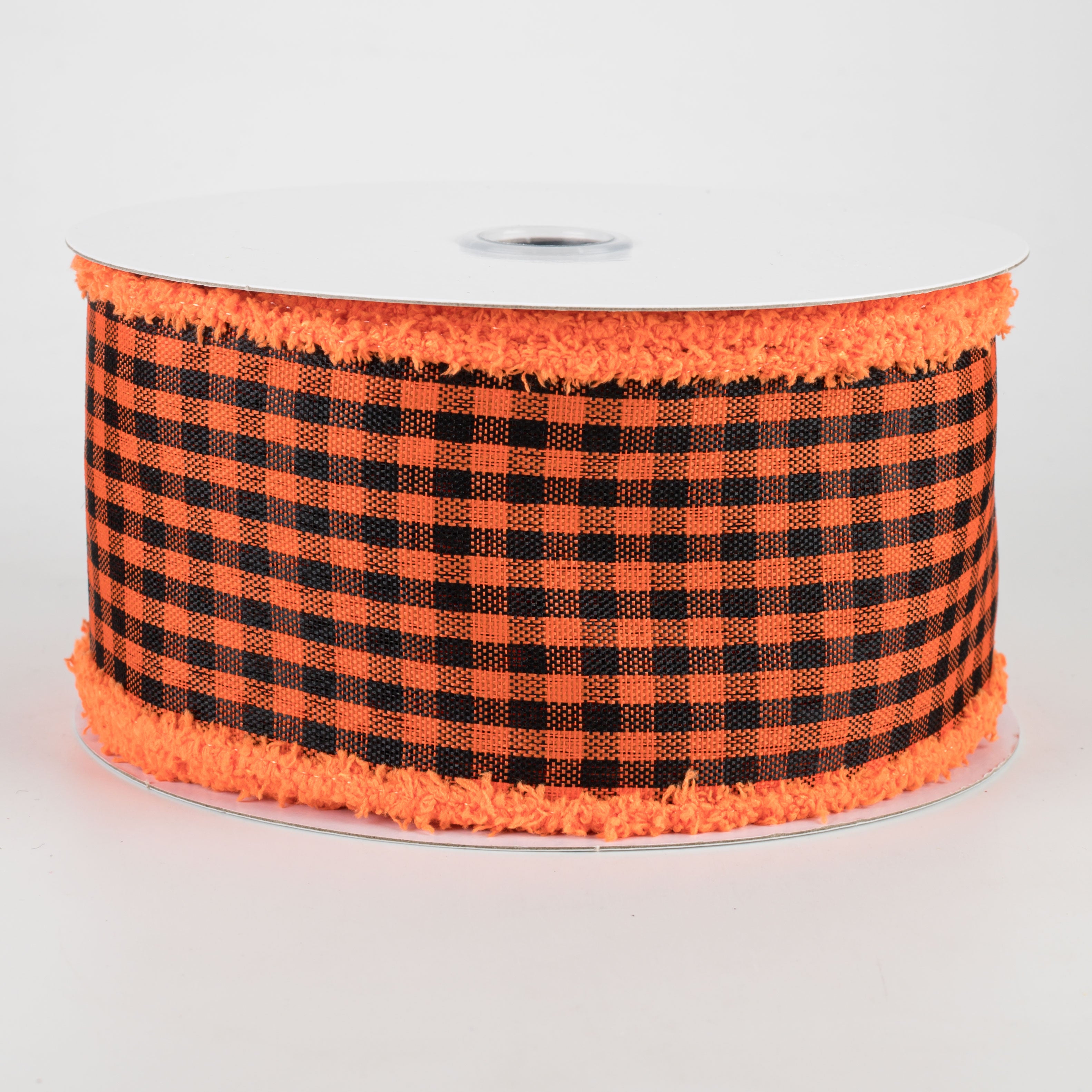2.5" Woven Gingham Check Chenille Edge Ribbon: Black & Orange (10 Yards)