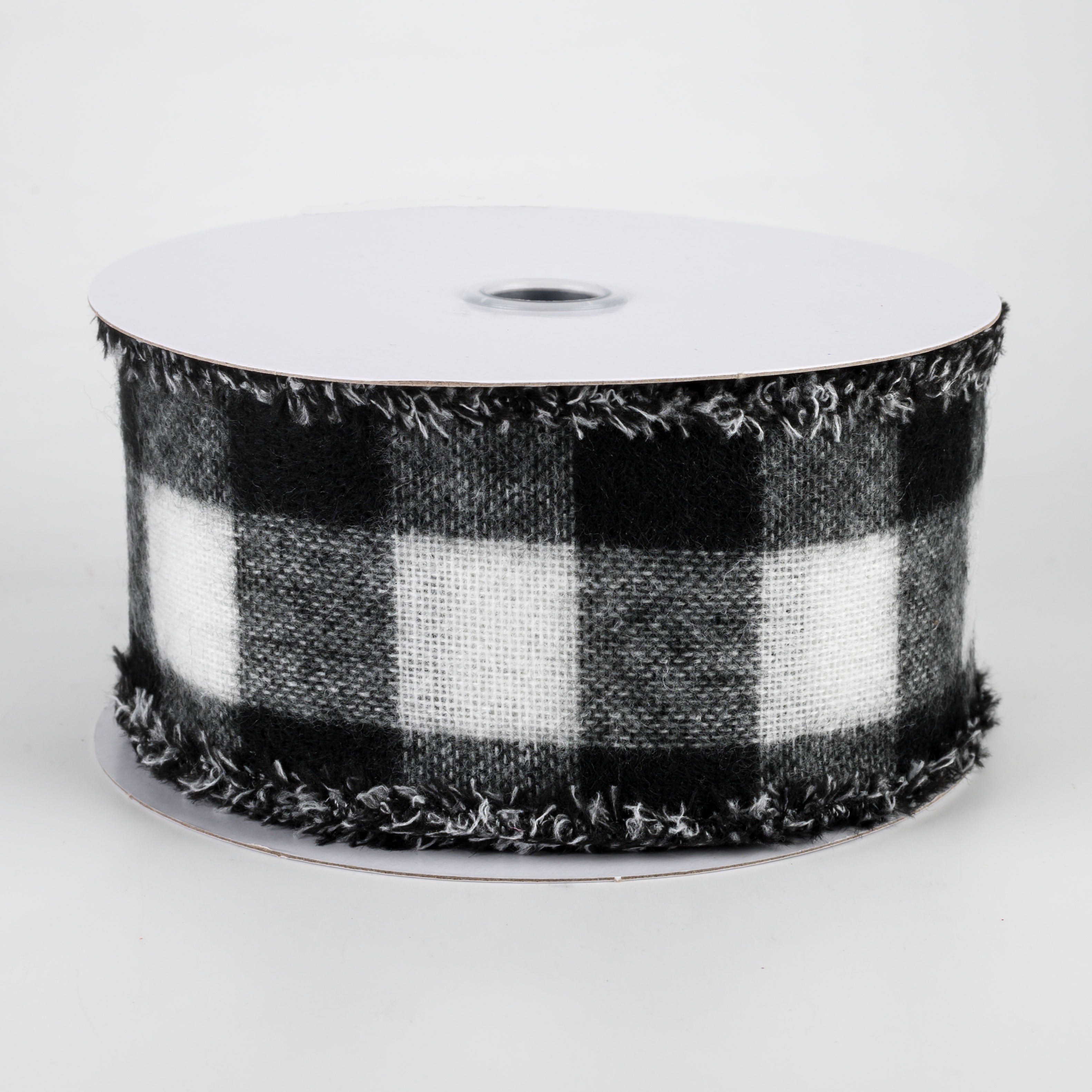 2.5" Woven Large Check Fuzzy Edge Ribbon: Black & White (10 Yards)