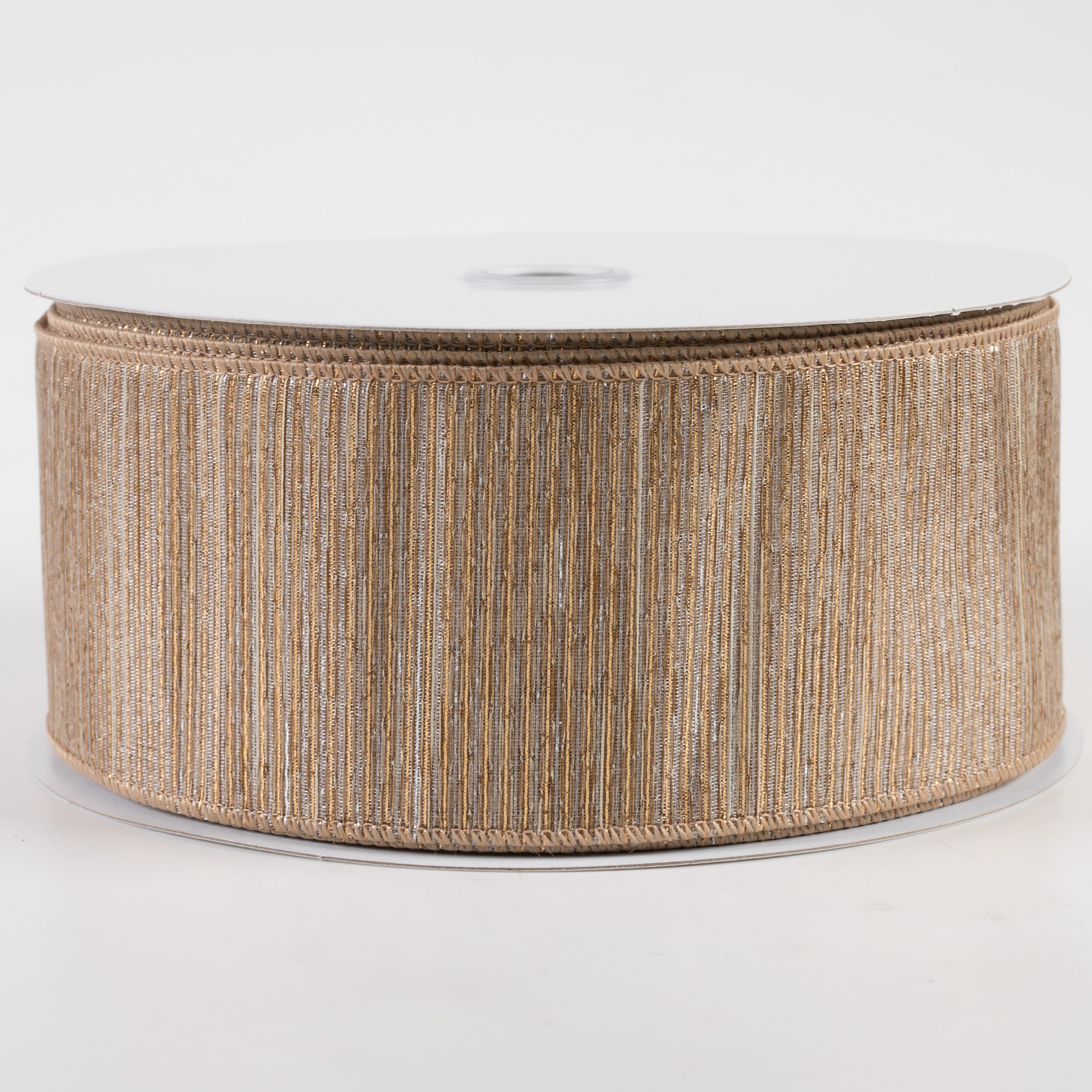 2.5" Woven Lines Ribbon: Beige & Gold (50 Yards)