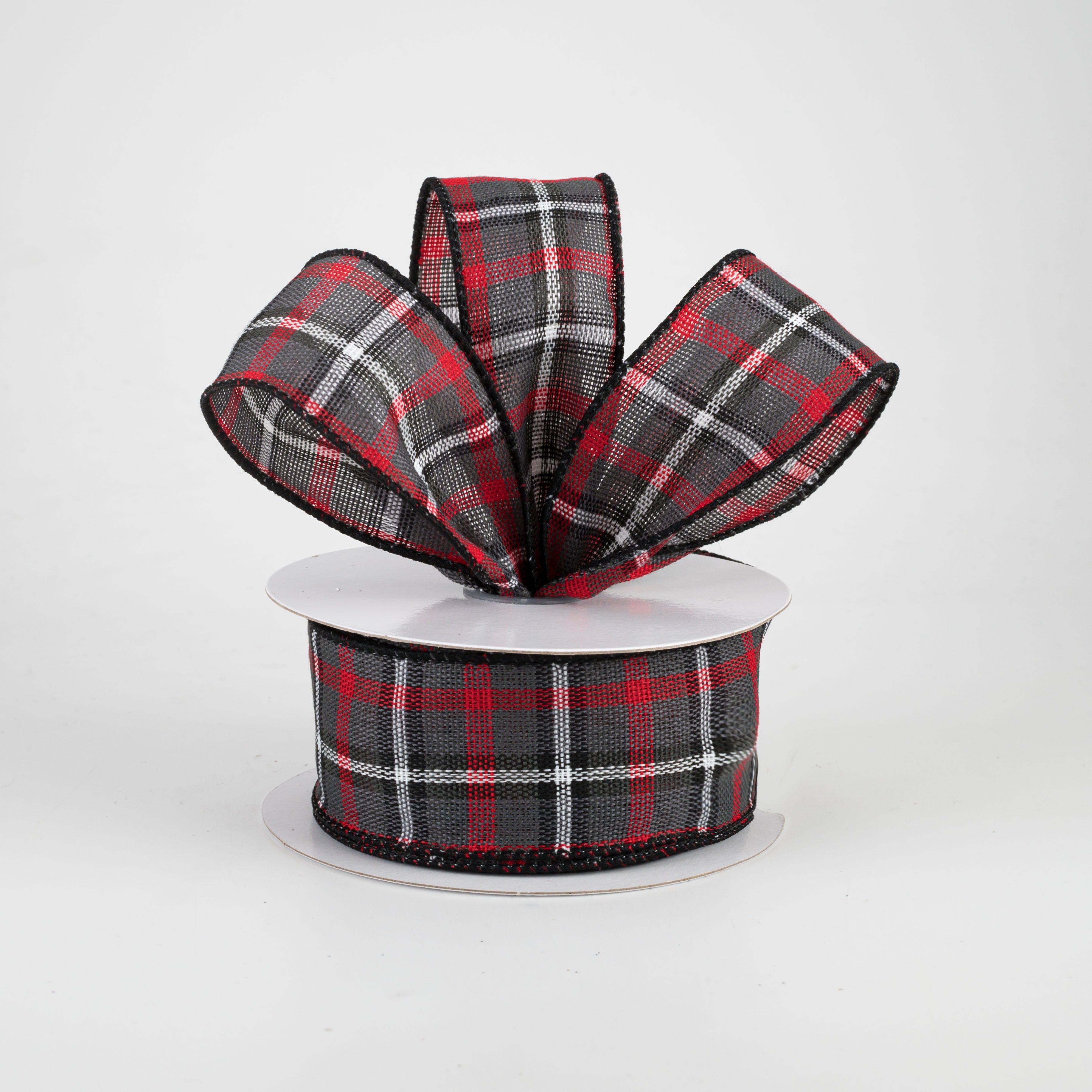 1.5" Woven Plaid Ribbon: Grey, Red, Black, White (10 Yards) Lifestyle Photo