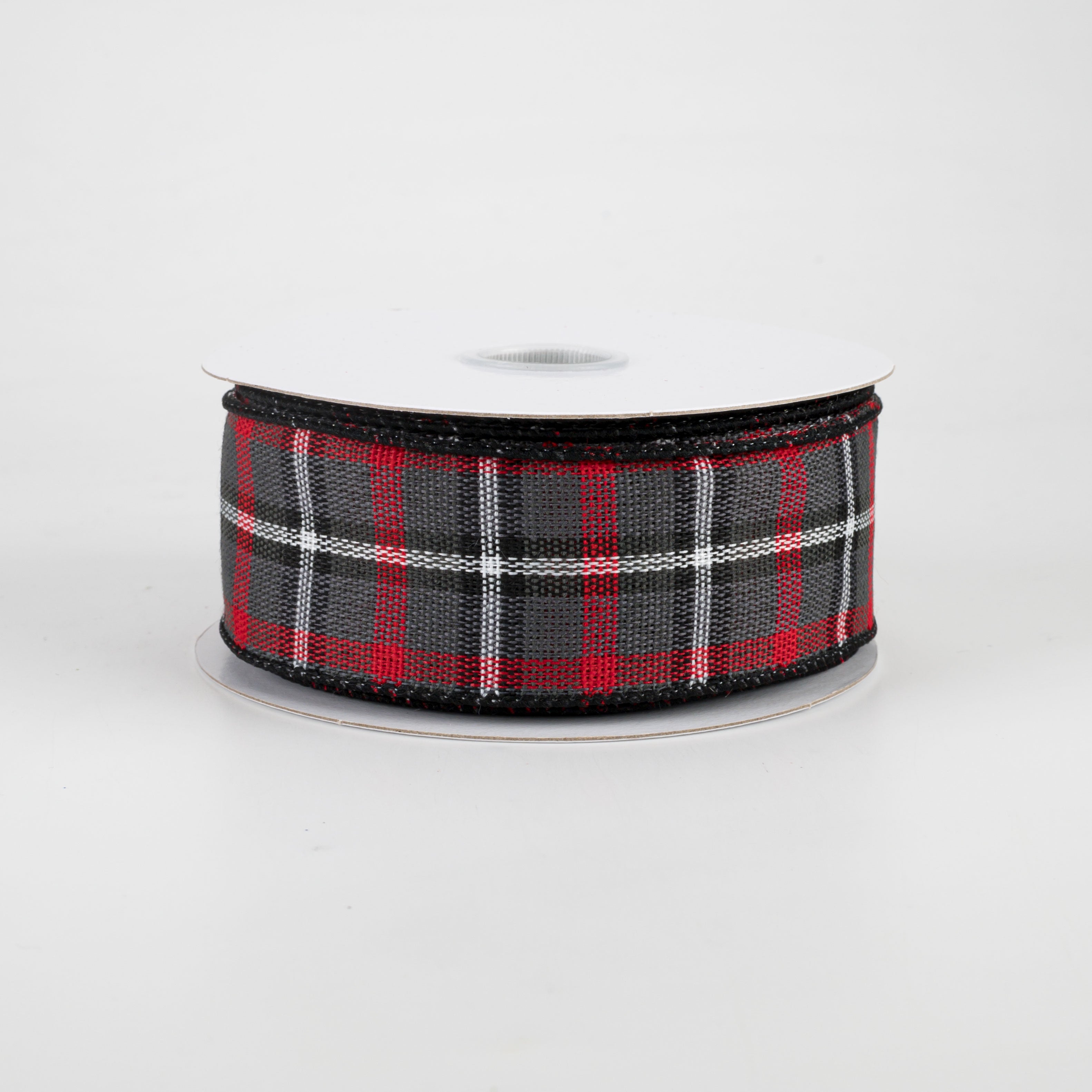 1.5" Woven Plaid Ribbon: Grey, Red, Black, White (10 Yards)