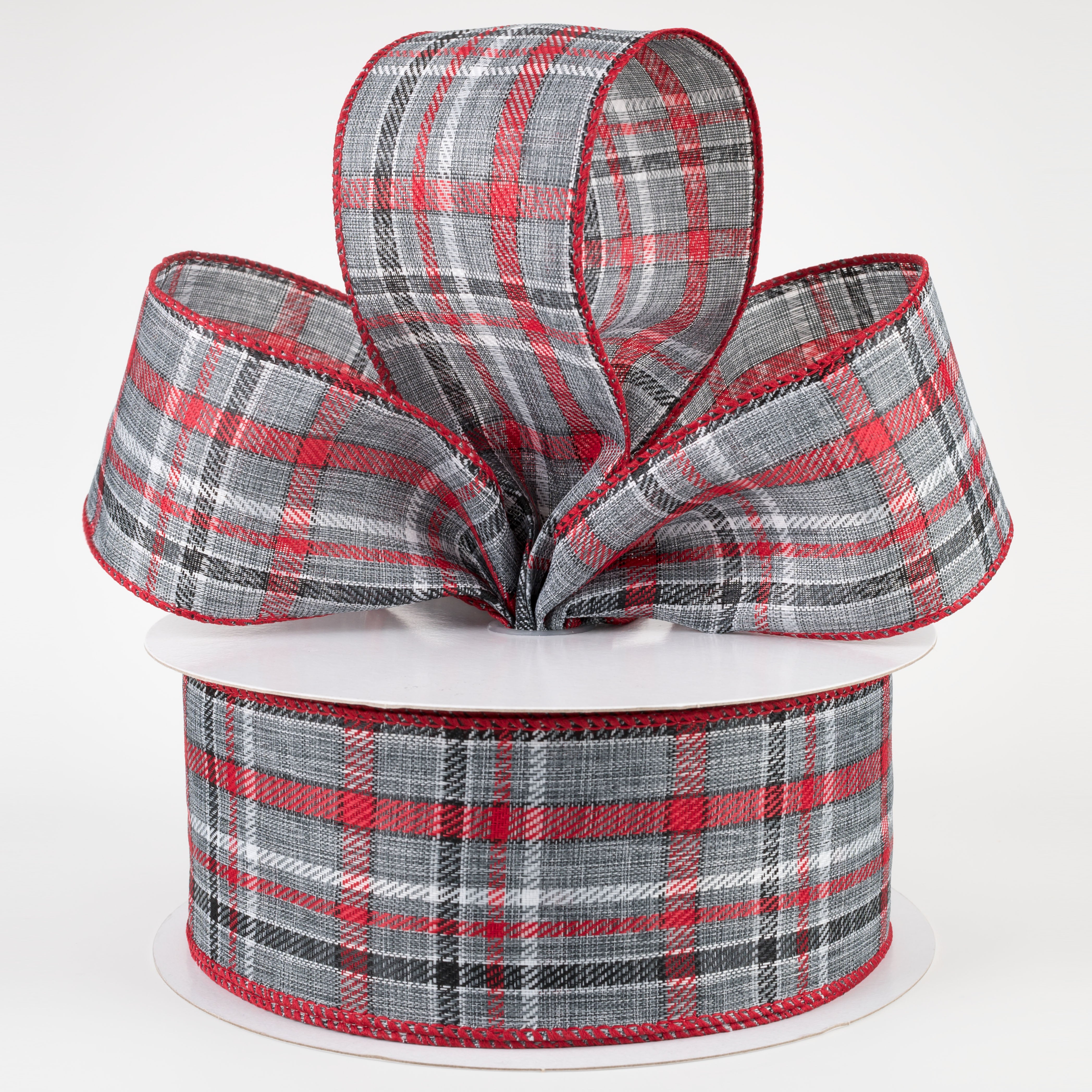 2.5" Woven Plaid Ribbon: Grey, White, Red, Black (50 Yards) Lifestyle Photo
