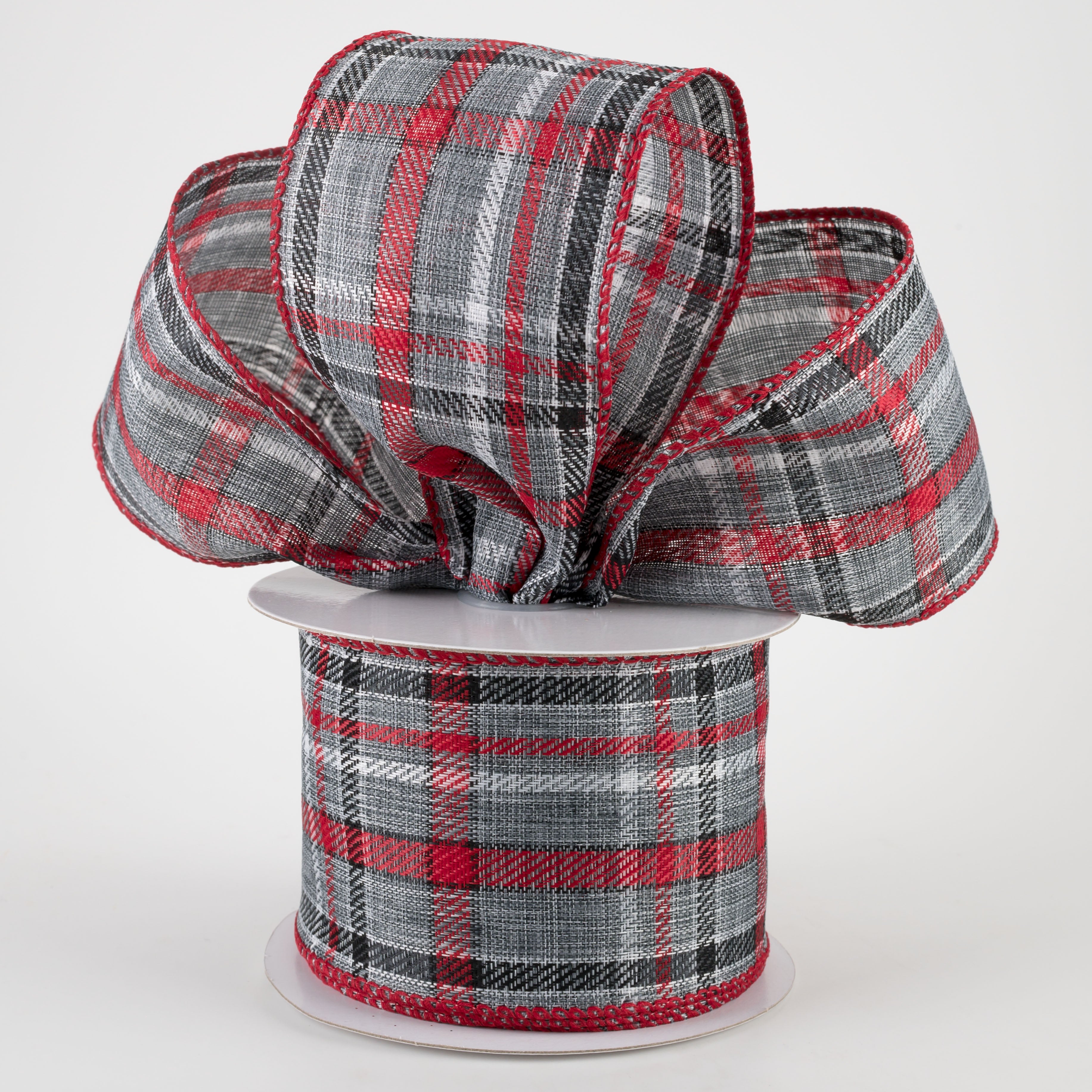 2.5" Woven Plaid Ribbon: Grey, White, Red, Black (10 Yards) Lifestyle Photo