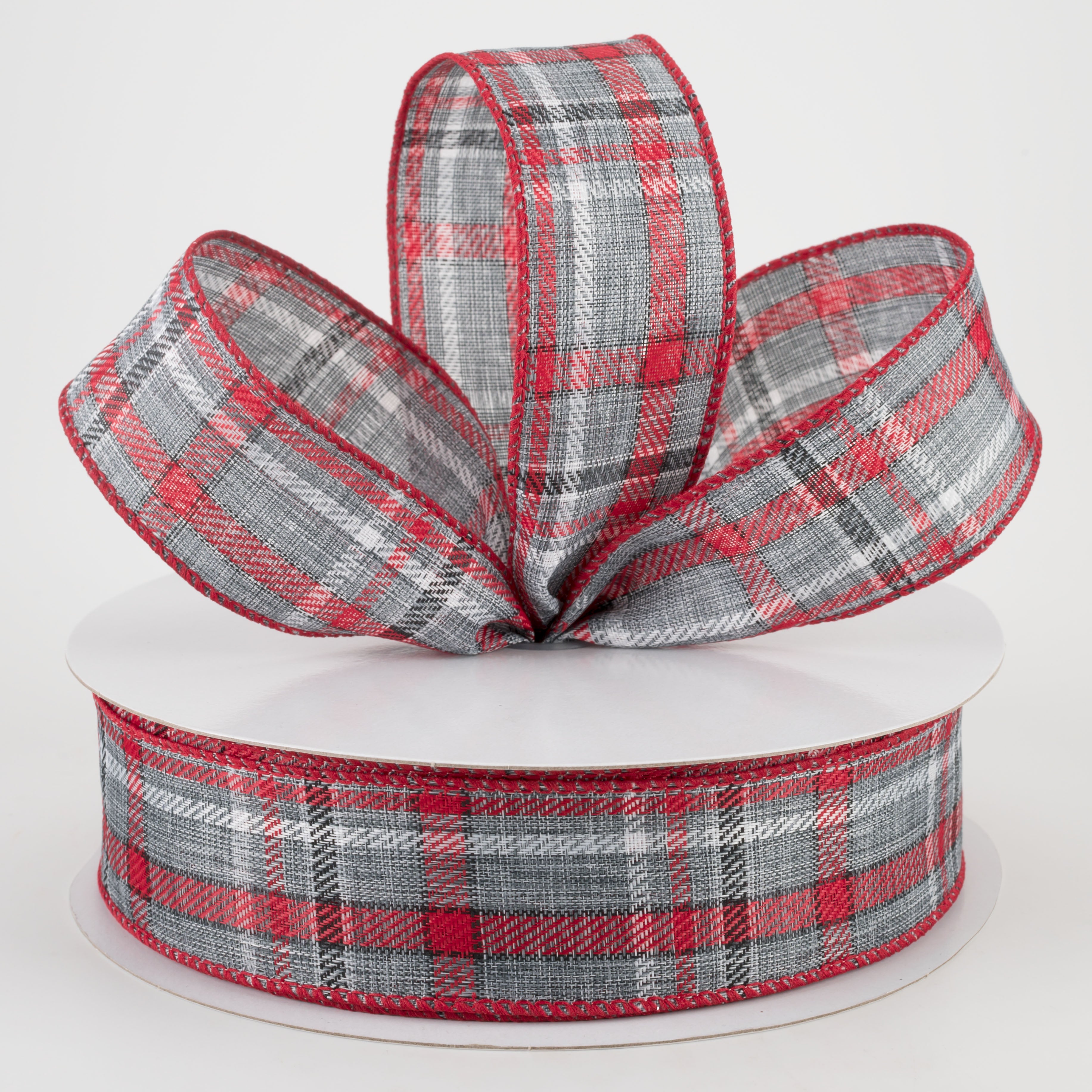1.5" Woven Plaid Ribbon: Grey, White, Red, Black (50 Yards) Lifestyle Photo