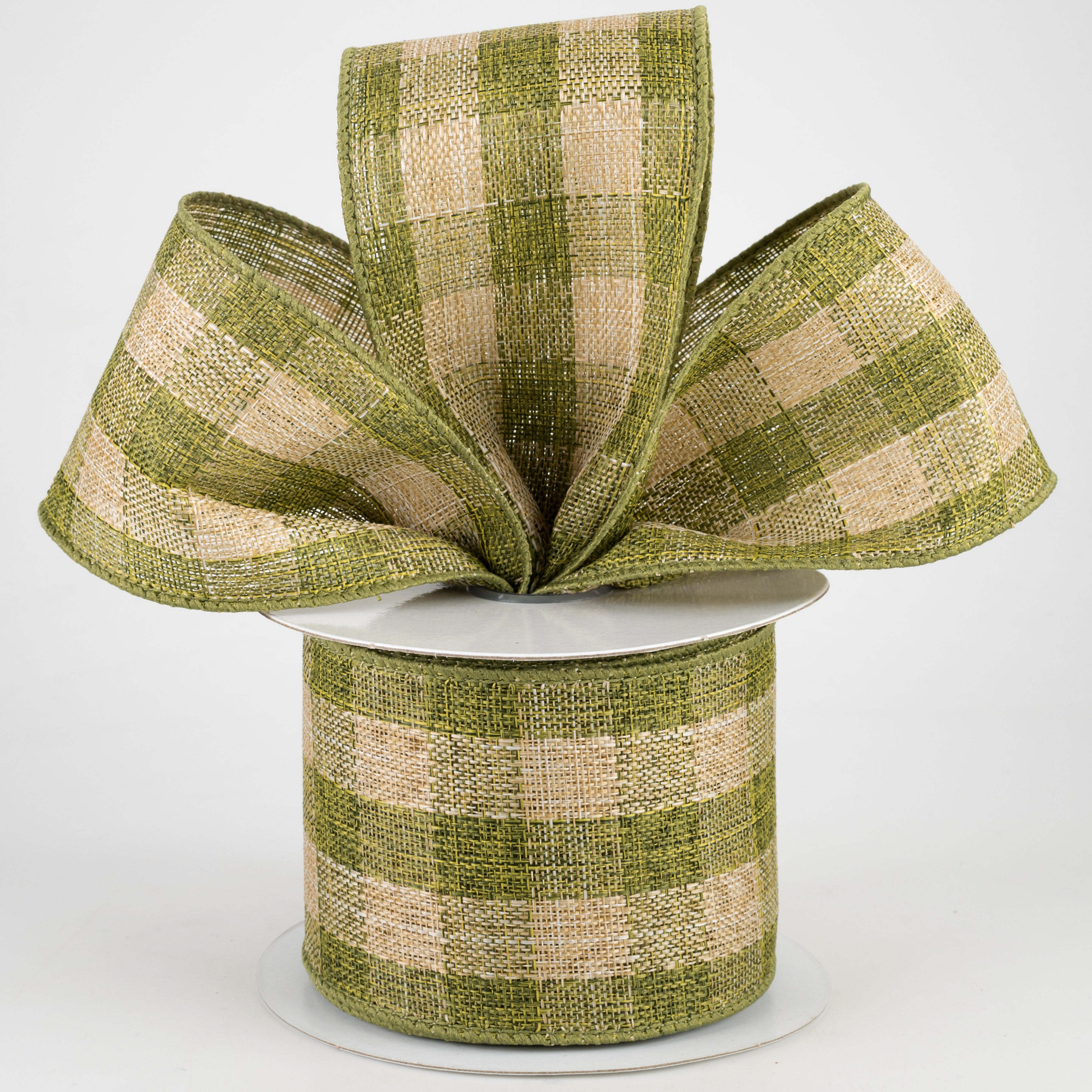 2.5" Woven Royal Burlap Check Ribbon: Moss Green & Beige (10 Yards) Lifestyle Photo