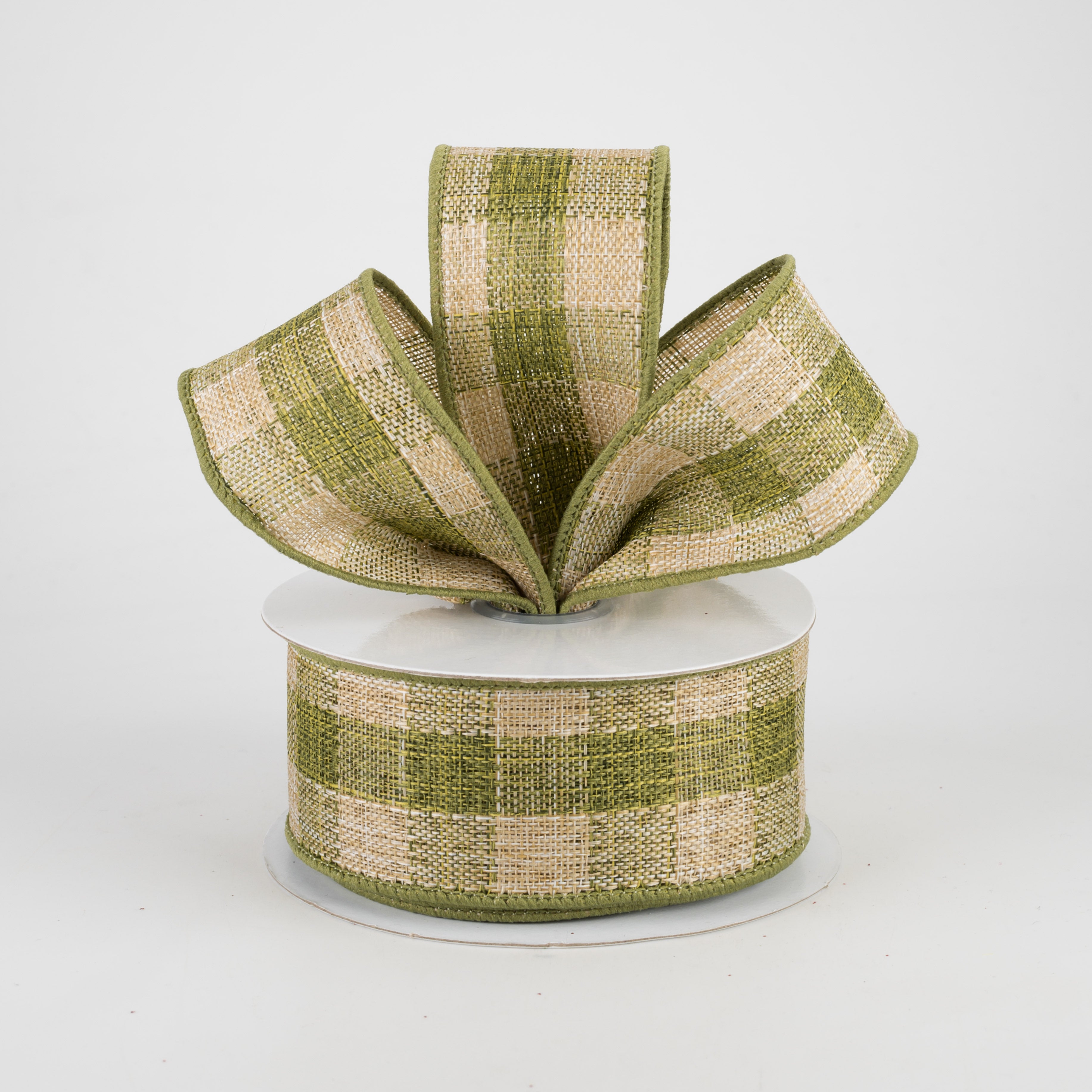1.5" Woven Royal Burlap Check Ribbon: Moss Green & Beige (10 Yards) Lifestyle Photo