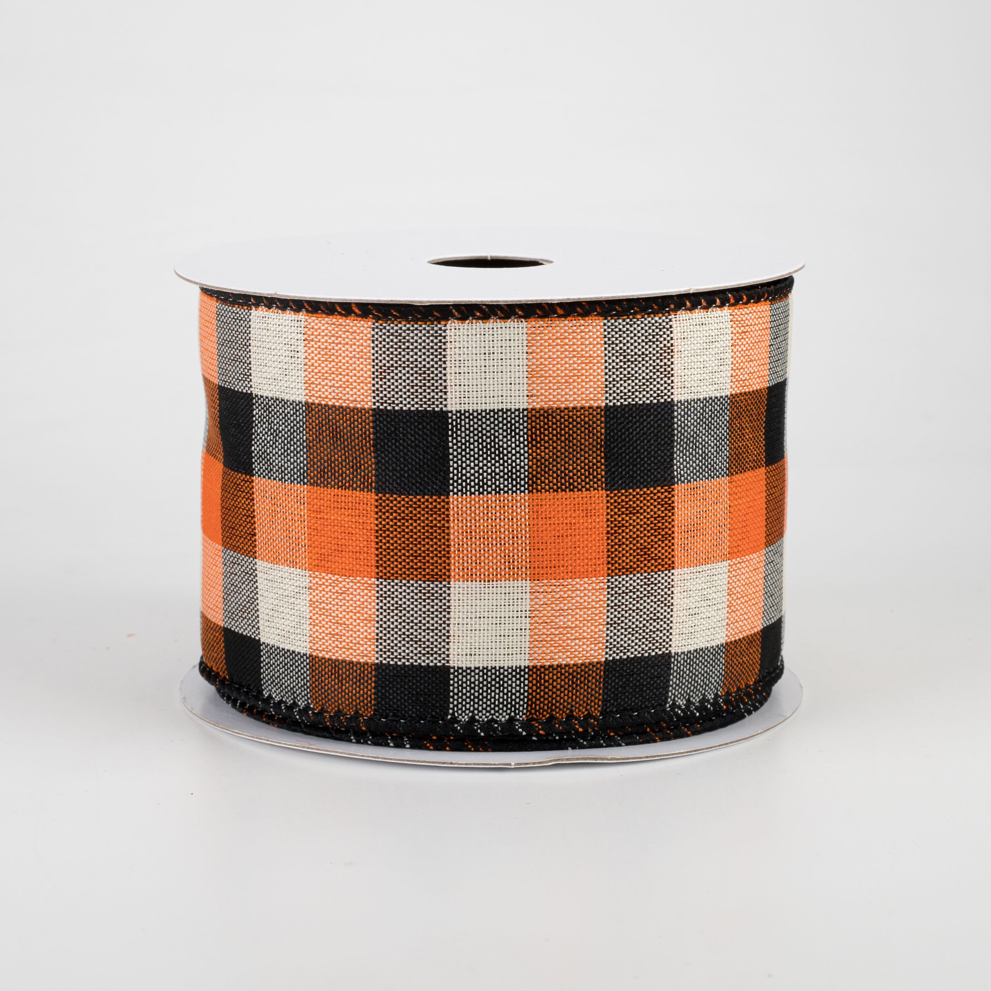 2.5" Woven Square Plaid Ribbon: Ivory, Orange, Black (10 Yards)