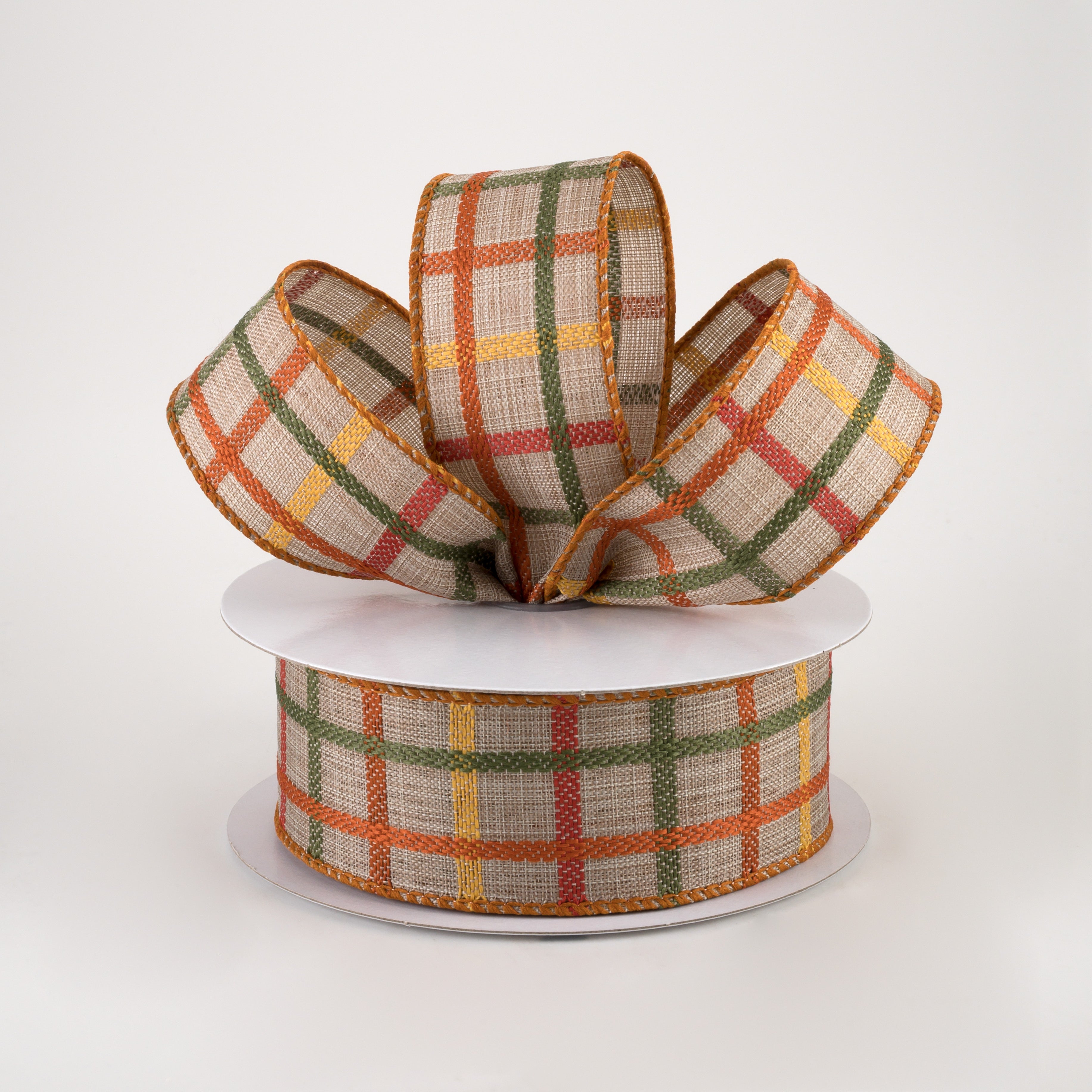1.5" Woven Trellis Ribbon: Natural, Orange, Yellow, Moss (10 Yards) Lifestyle Photo