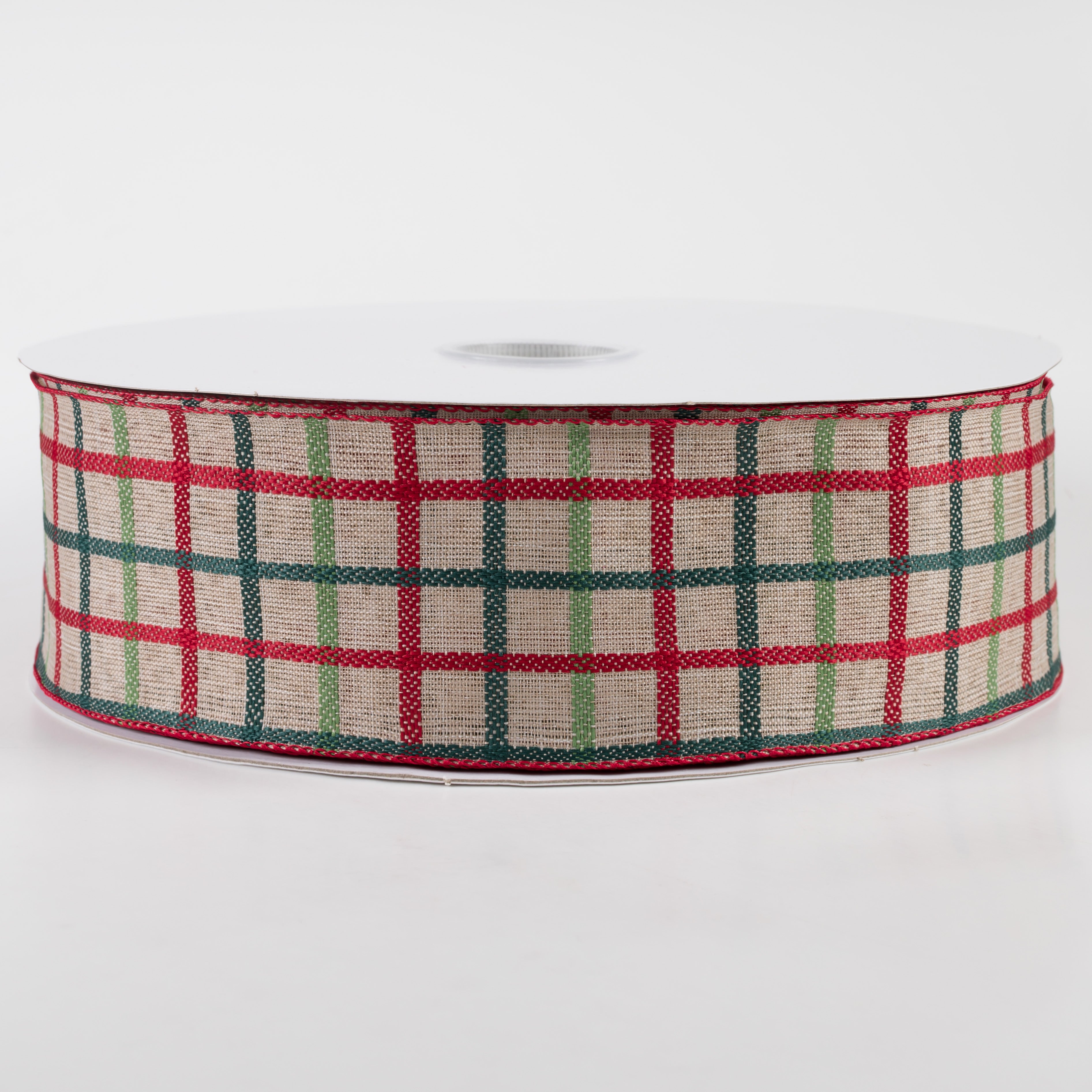 2.5" Woven Trellis Ribbon: Red, Apple & Hunter Green on Natural (50 Yards)