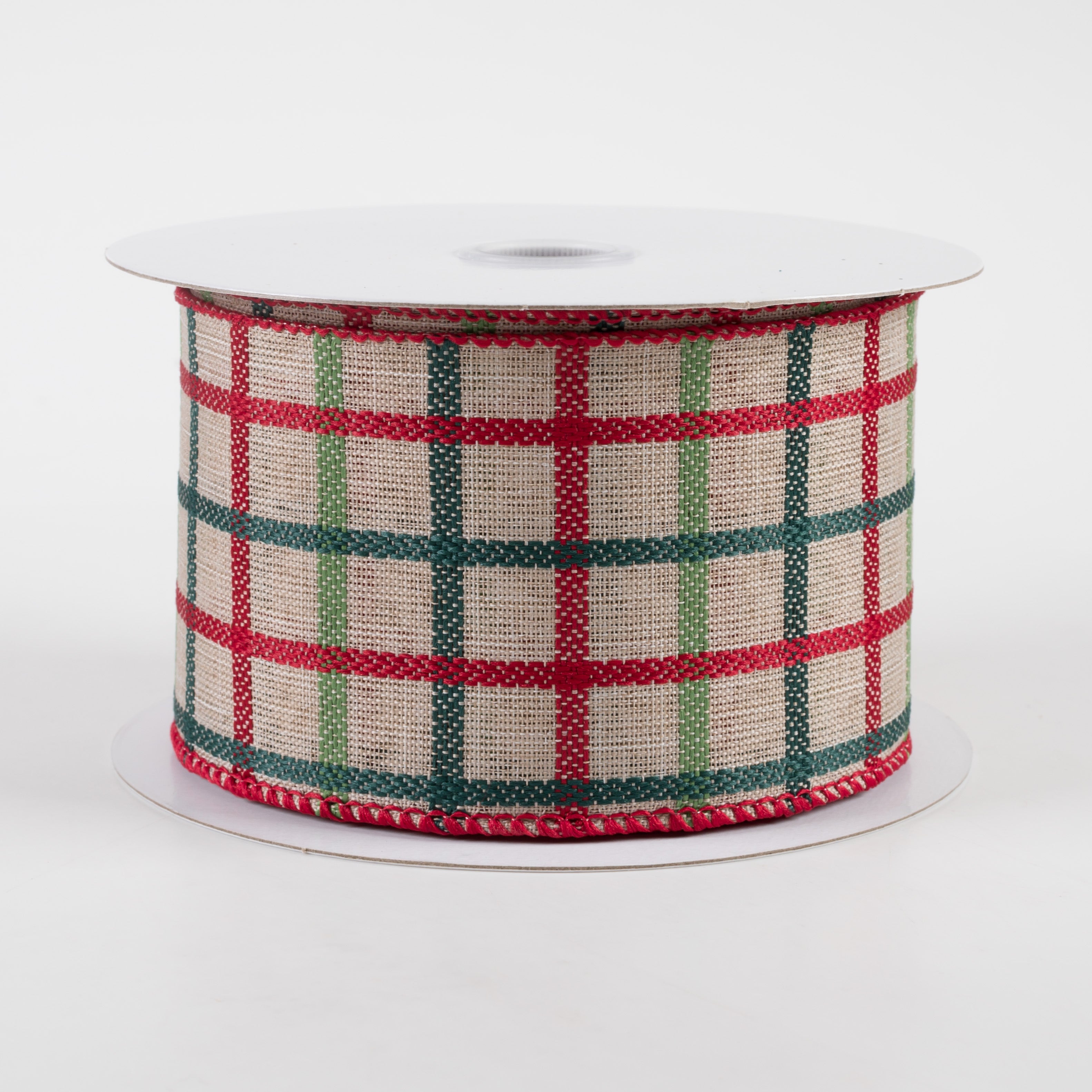 2.5" Woven Trellis Ribbon: Red, Apple & Hunter Green on Natural (10 Yards)