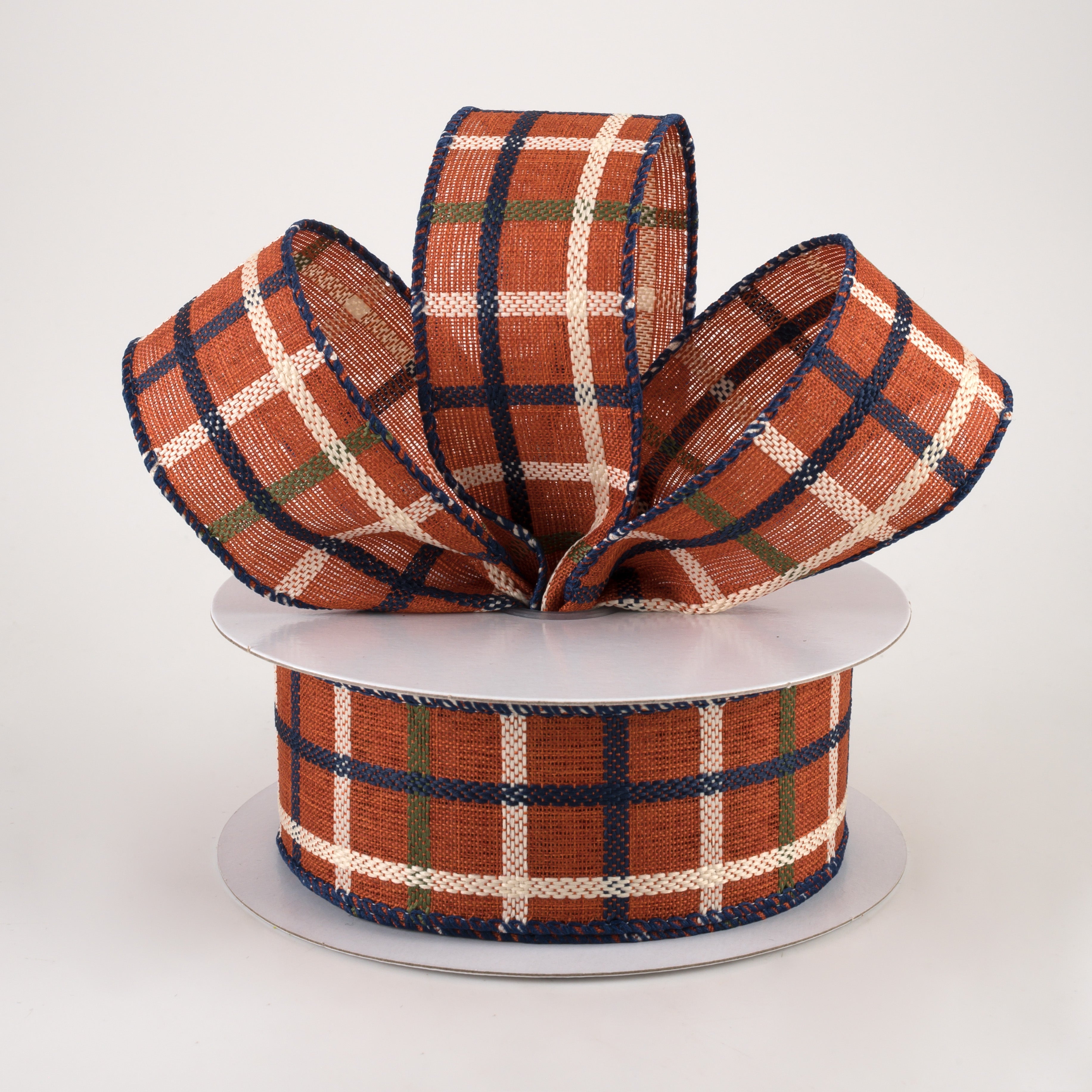 1.5" Woven Trellis Ribbon: Rust, Moss, Navy, Cream (10 Yards) Lifestyle Photo