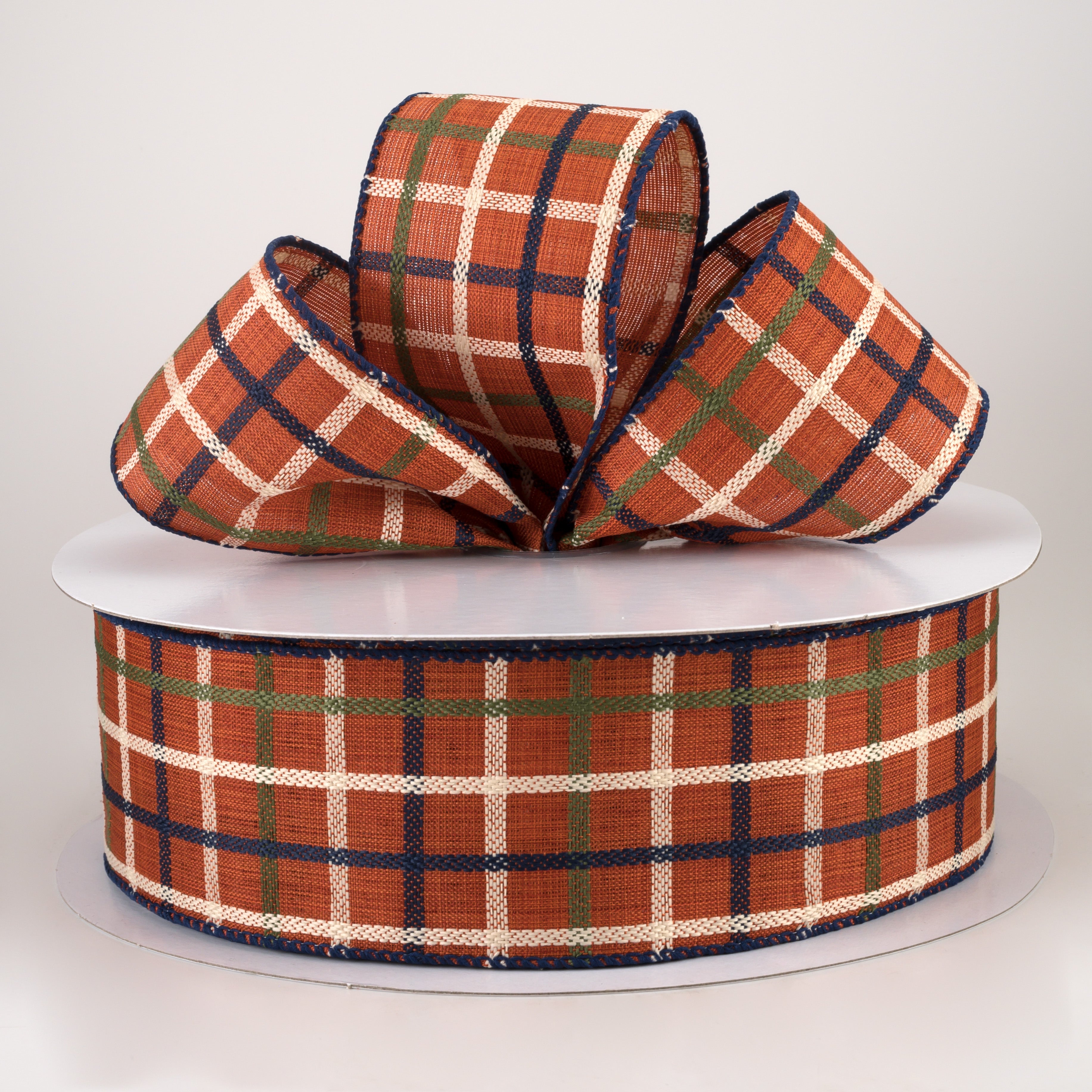 2.5" Woven Trellis Ribbon: Rust, Moss, Navy, Cream (50 Yards) Lifestyle Photo