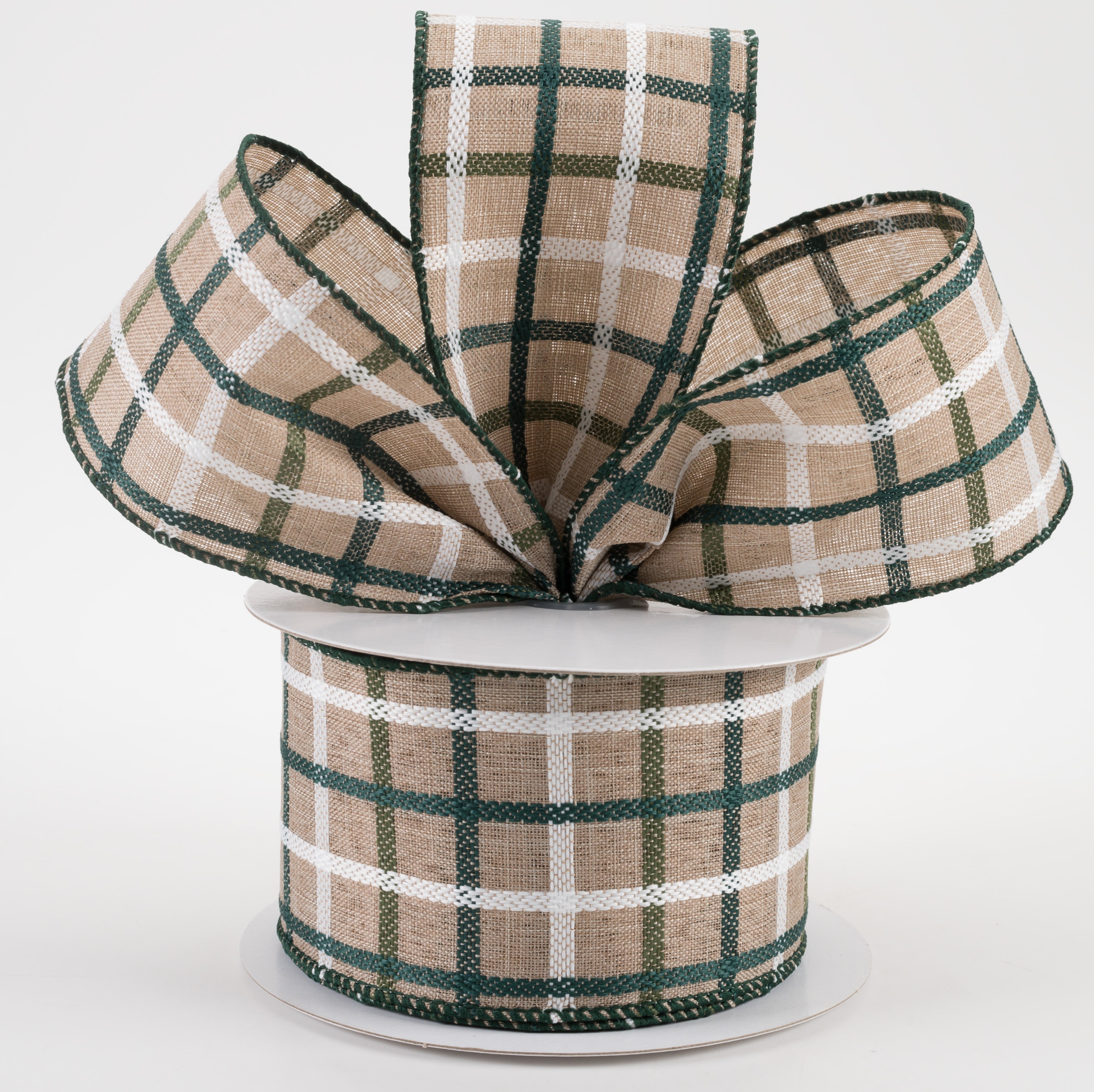 2.5" Woven Trellis Ribbon: White, Moss & Hunter Green on Natura (10 Yards) Lifestyle Photo