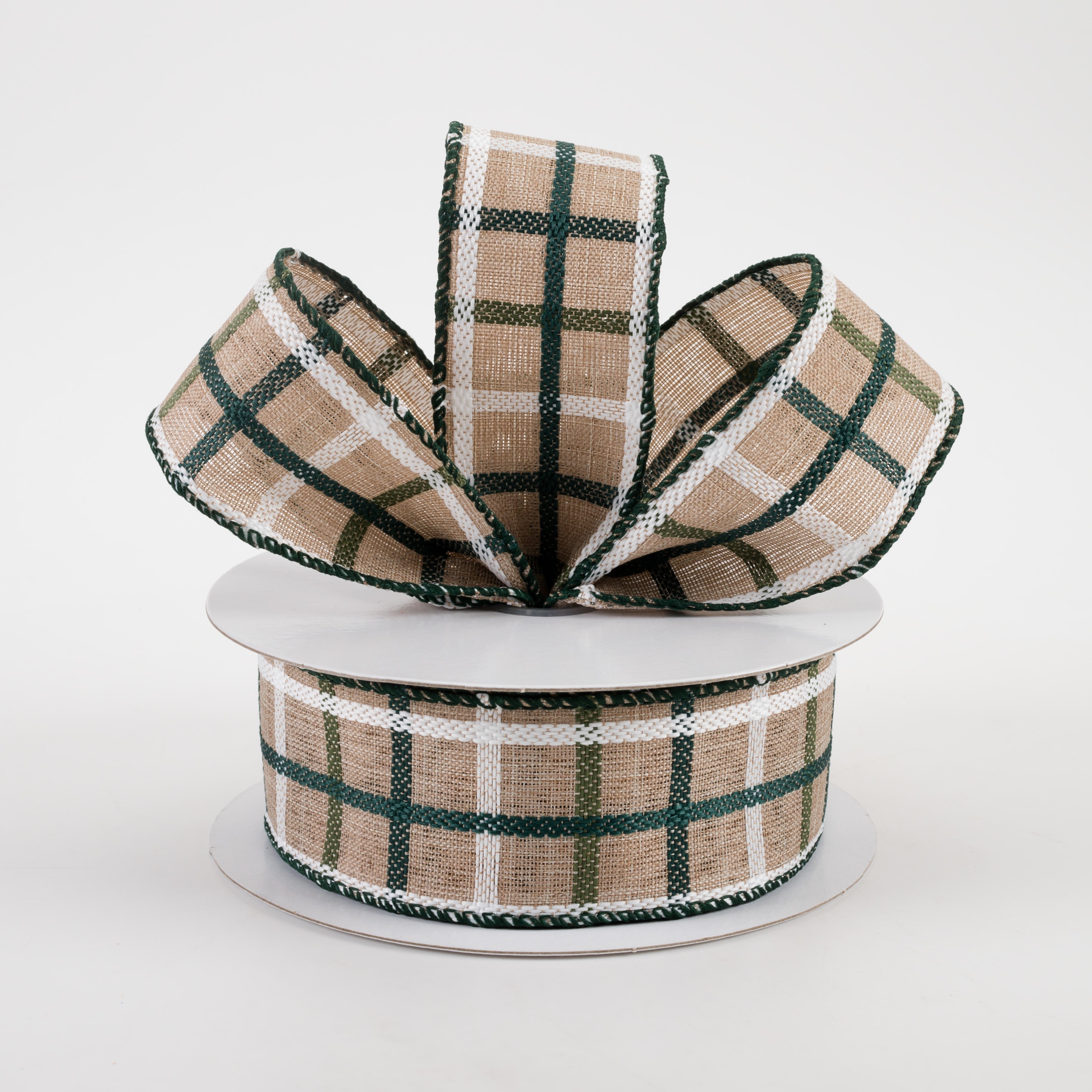 1.5" Woven Trellis Ribbon: White, Moss & Hunter Green on Natural (10 Yards) Lifestyle Photo