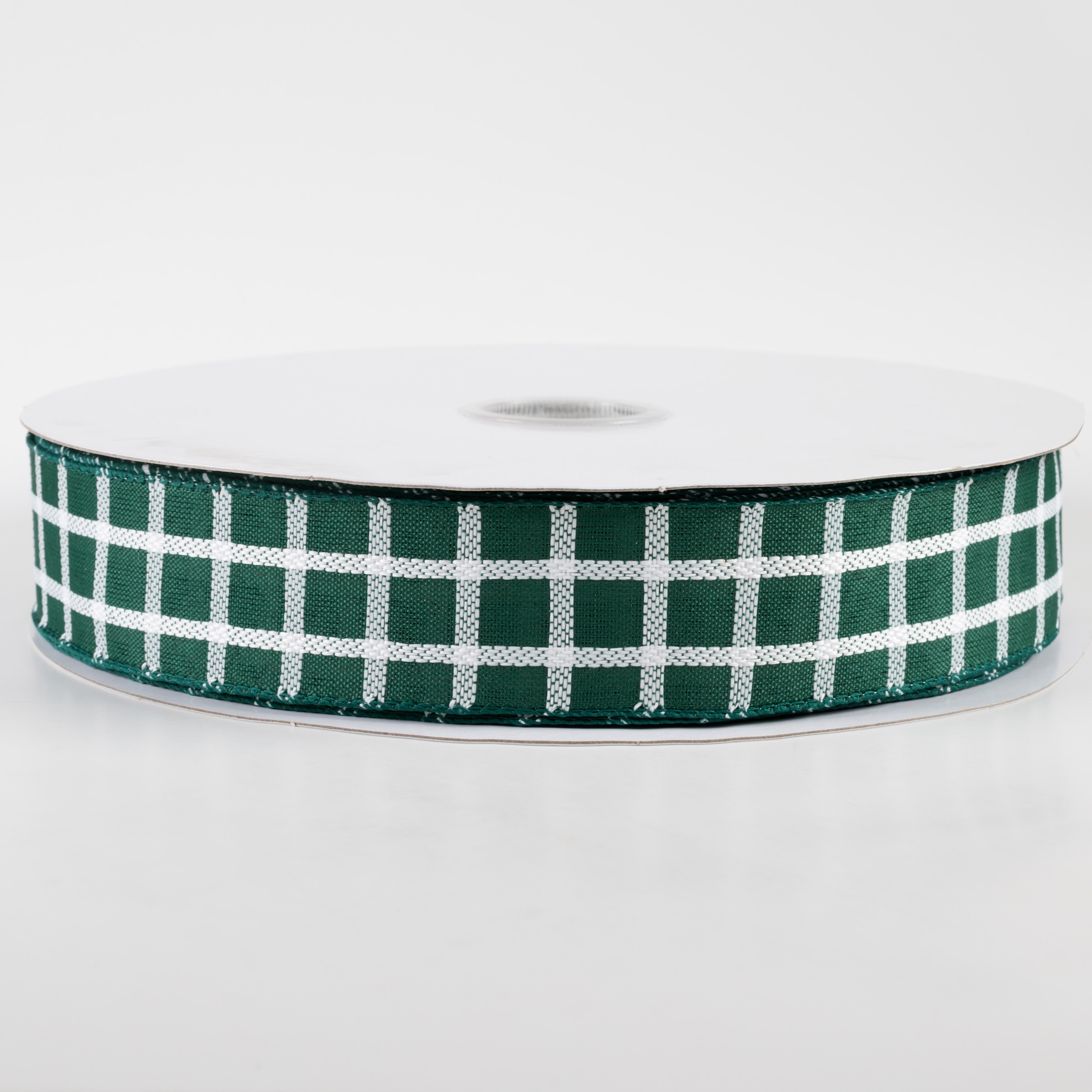 1.5" Woven Trellis Ribbon: White on Hunter Green (50 Yards)