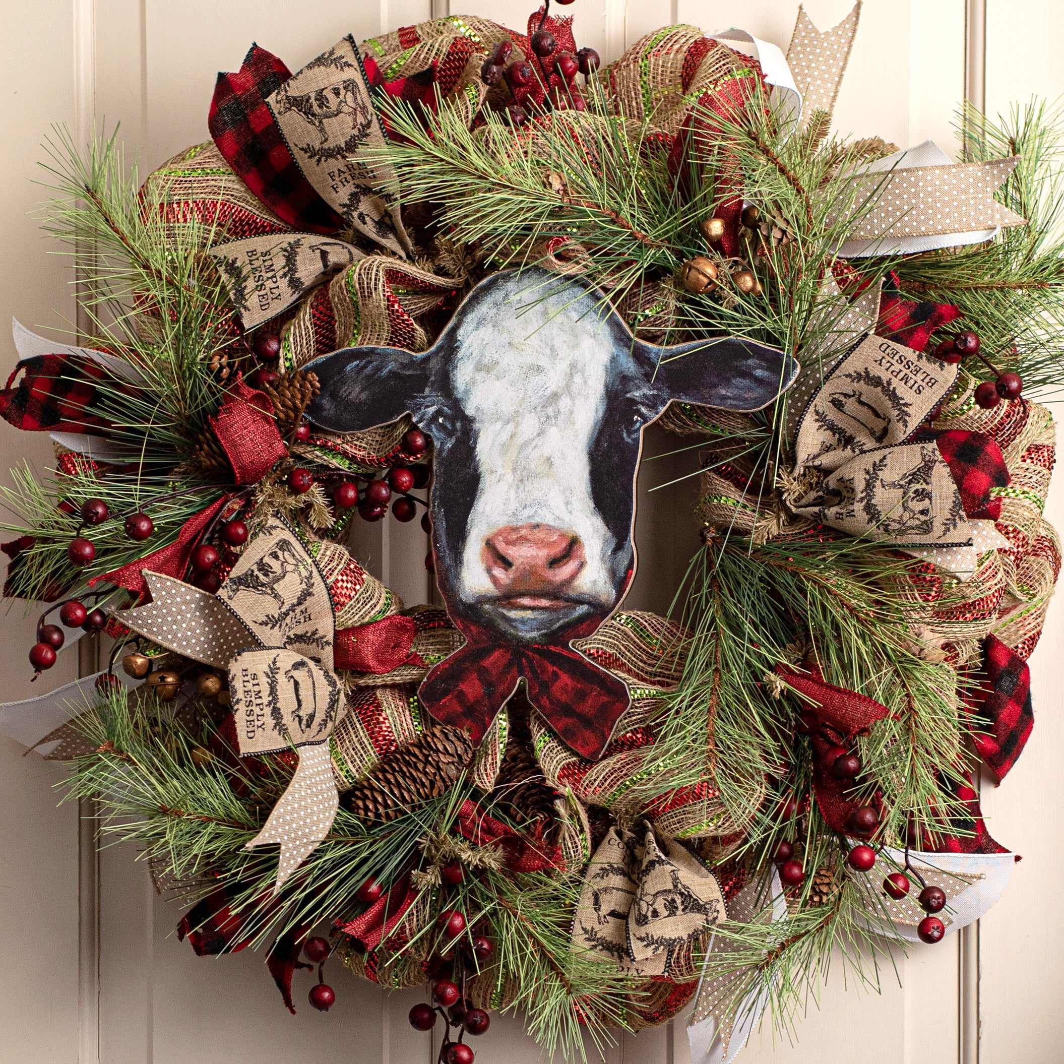12" Wreath Insert: Christmas Cow With Bow Lifestyle Photo