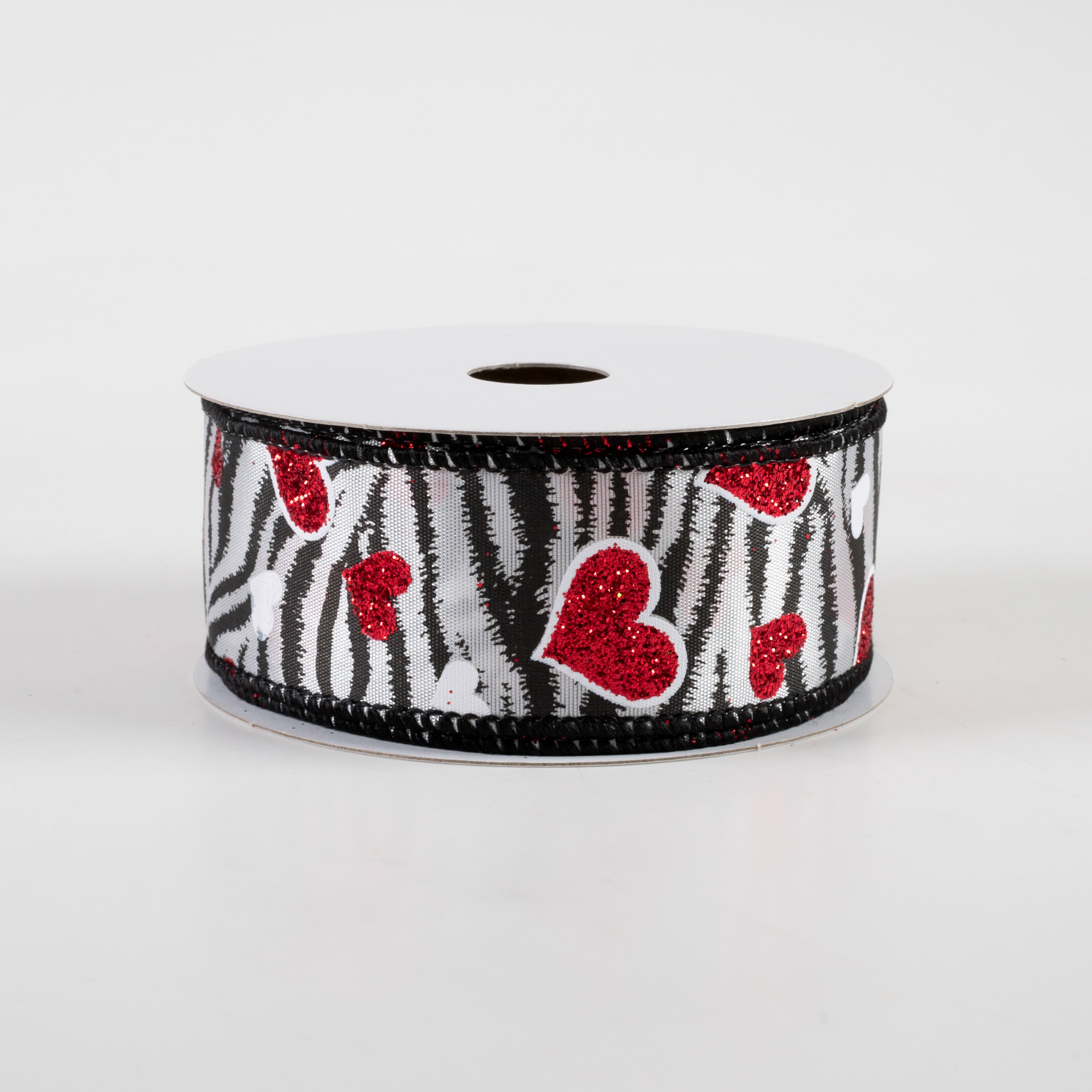 1.5" Zebra Stripes & Red Glitter Hearts Satin Ribbon (10 Yards) Item Number: 11306-09-21