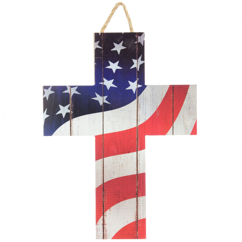 14" Wooden Sign: American Flag Cross [AP8216] - CraftOutlet.com