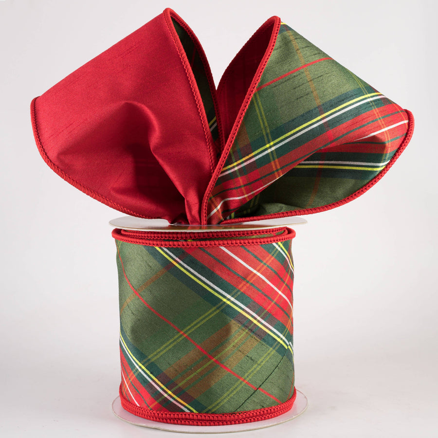 4" Designer Double Sided Plaid Ribbon: Red & Green (10 Yards)