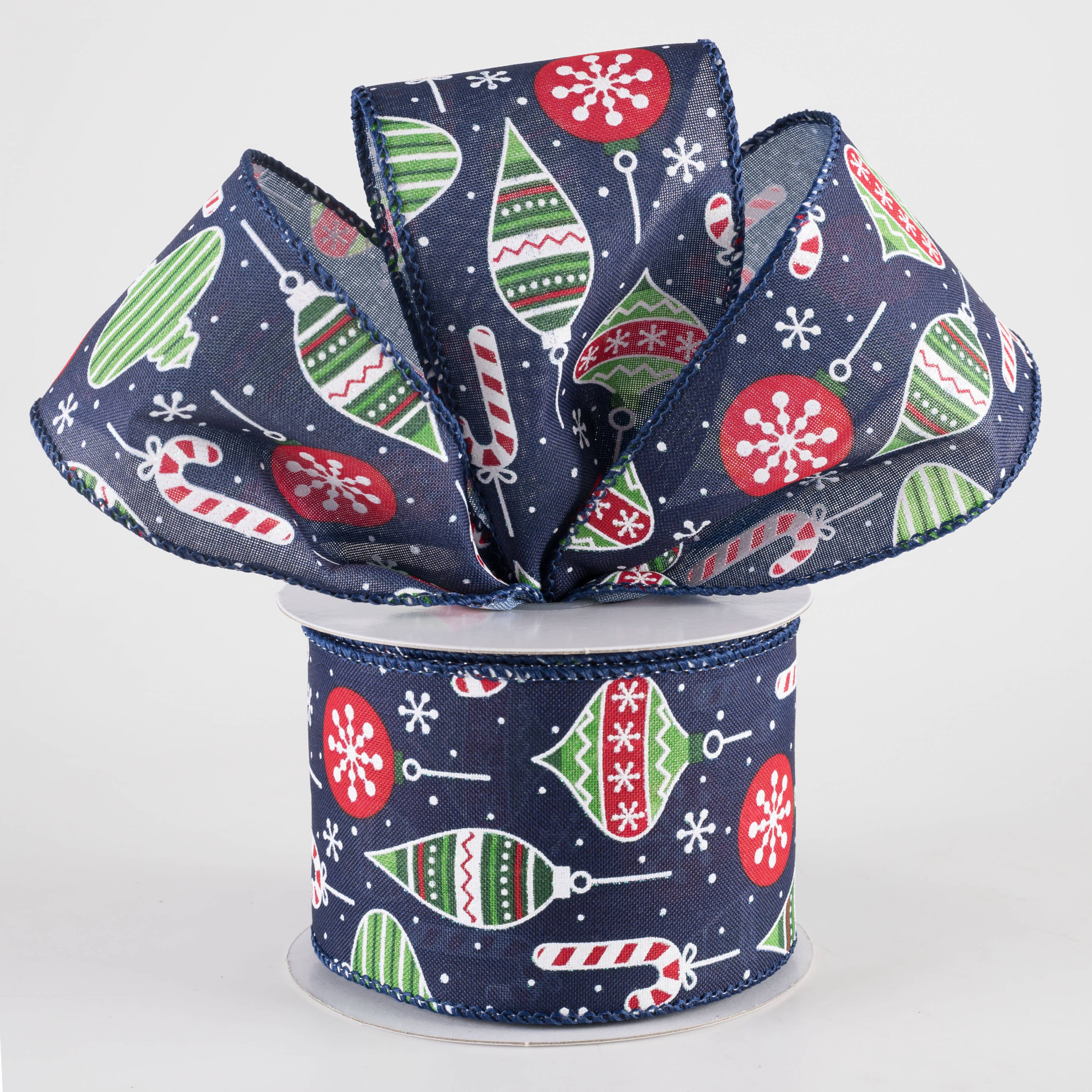 2.5" Hanging Christmas Ornaments Ribbon: Red & Green on Navy (10 Yards)