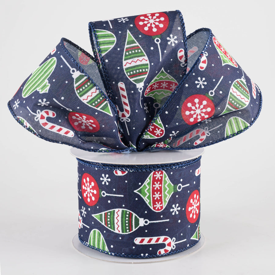 2.5" Hanging Christmas Ornaments Ribbon: Red & Green on Navy (10 Yards)