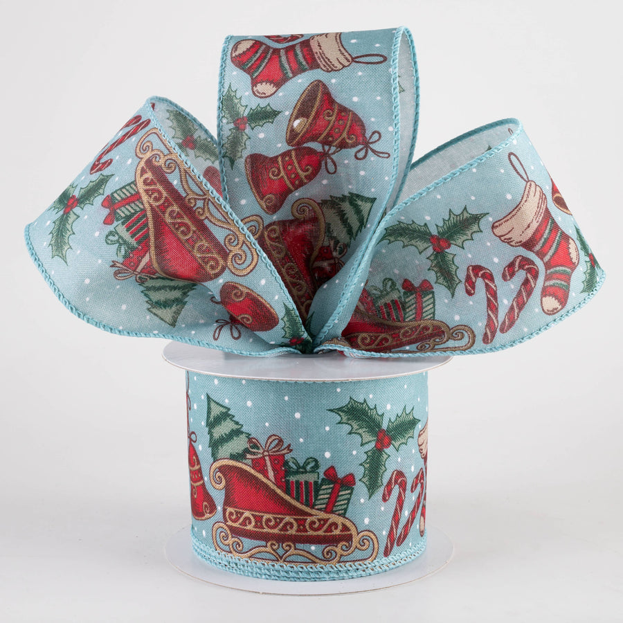 2.5" Linen Vintage Christmas Icons Ribbon: Dusty Blue (10 Yards)