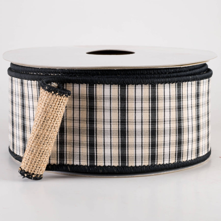 2.5" Designer Burlap Backed Plaid Ribbon: Black, White & Natural (10 Yards)