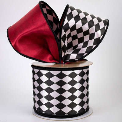 4" Double Sided Fused Harlequin Ribbon: Red, Black & White (10 Yards)