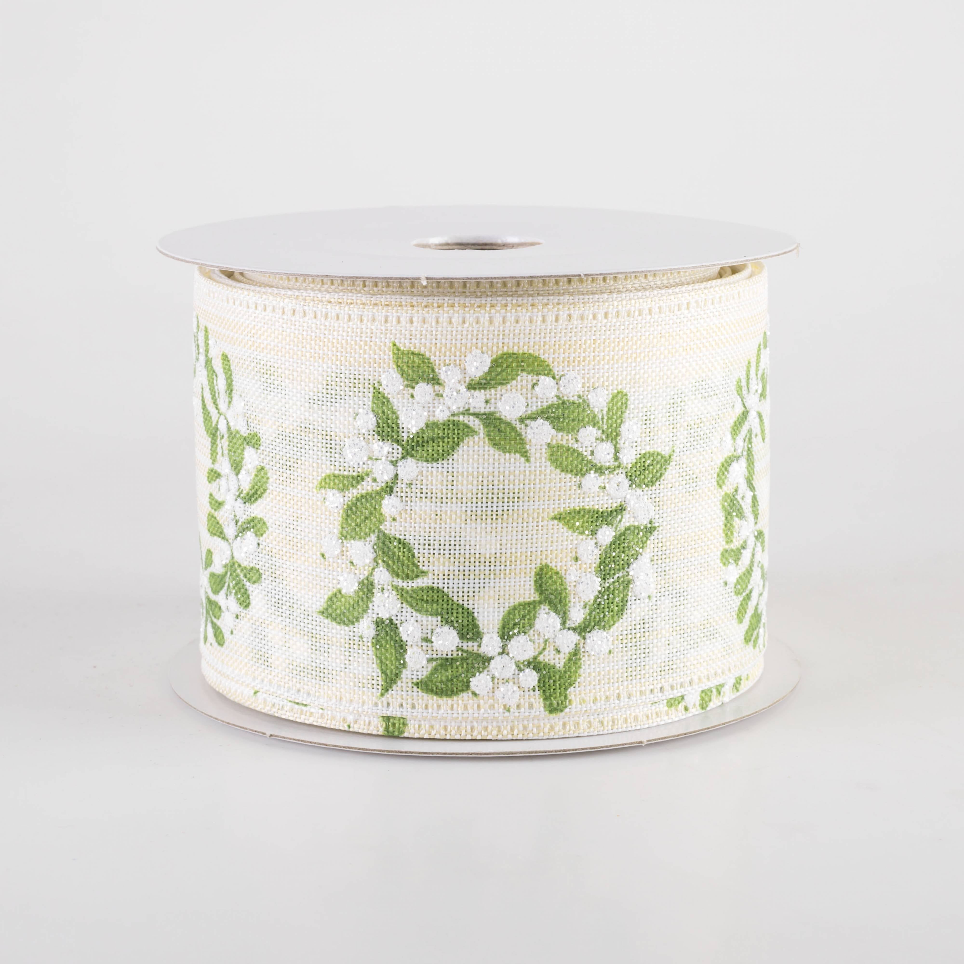 2.5" Linen White Berry Wreath Ribbon: Moss on Ivory (10 Yards)