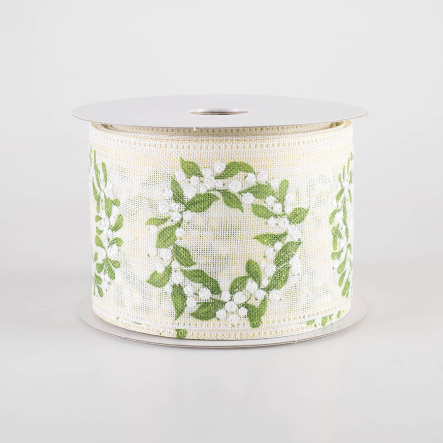 2.5" Linen White Berry Wreath Ribbon: Moss on Ivory (10 Yards)