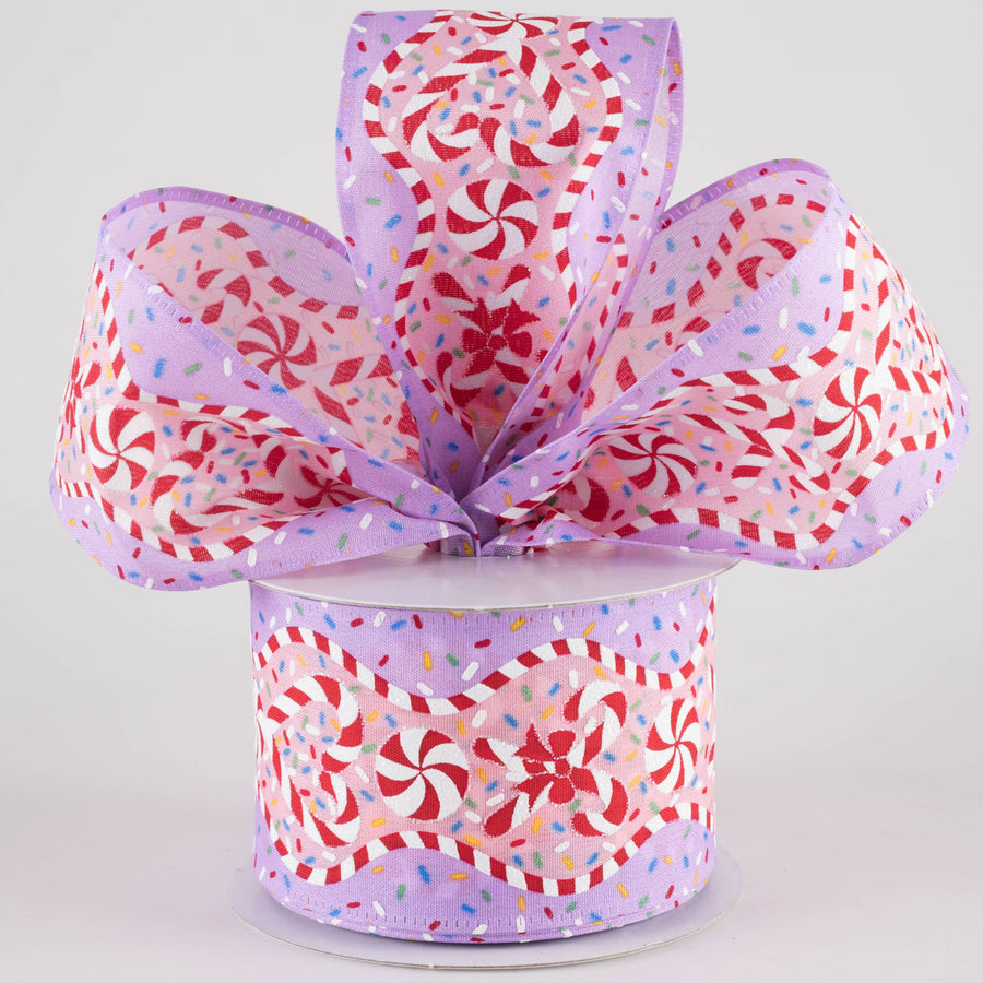 2.5" Sprinkles & Candy Canes Wavy Edge Ribbon: Lavender & Pink (10 Yards)
