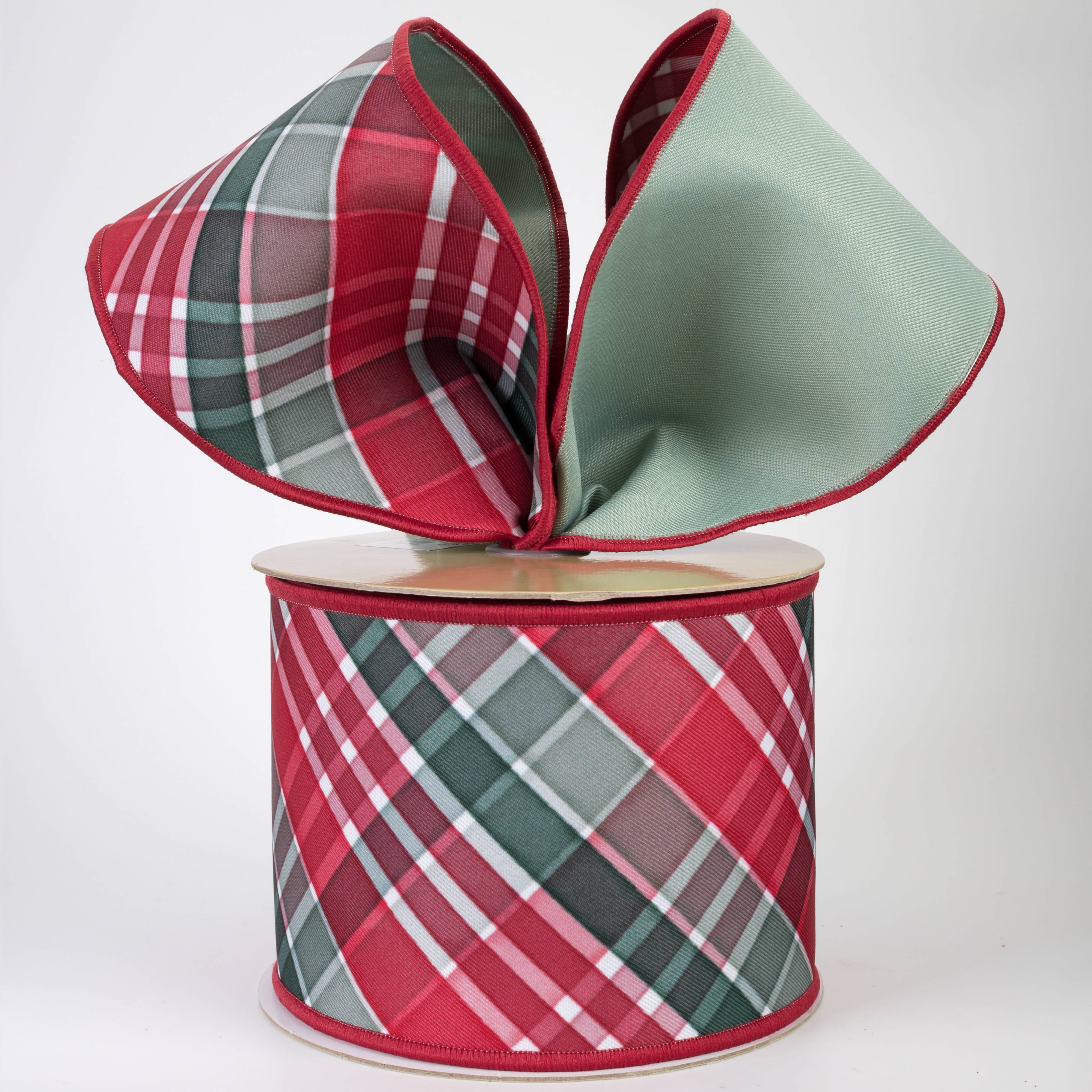 4" Double Sided Fused Diagonal Plaid Ribbon: Red, Sage & Emerald (10 Yards)